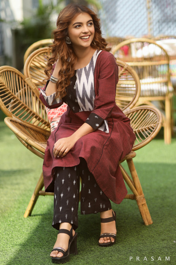 Modern Grace Must Have Handwoven Maroon Cotton Kurti With Ikat Yoke And Trims (Pant Optional)