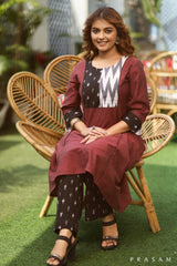 Modern Grace Must Have Handwoven Maroon Cotton Kurti With Ikat Yoke And Trims (Pant Optional)