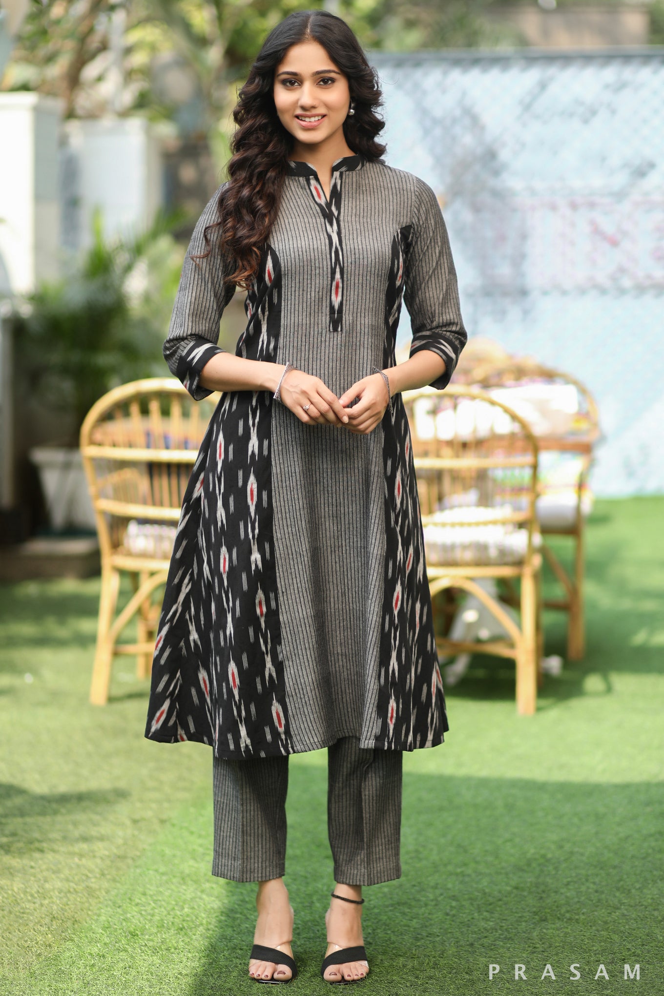 Crafted Infusion Classy Ikat Fusion Kurta With Stripes (Optional Pants)