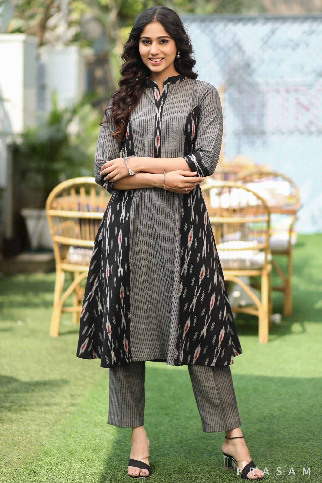 Crafted Infusion Classy Ikat Fusion Kurta With Stripes (Optional Pants)