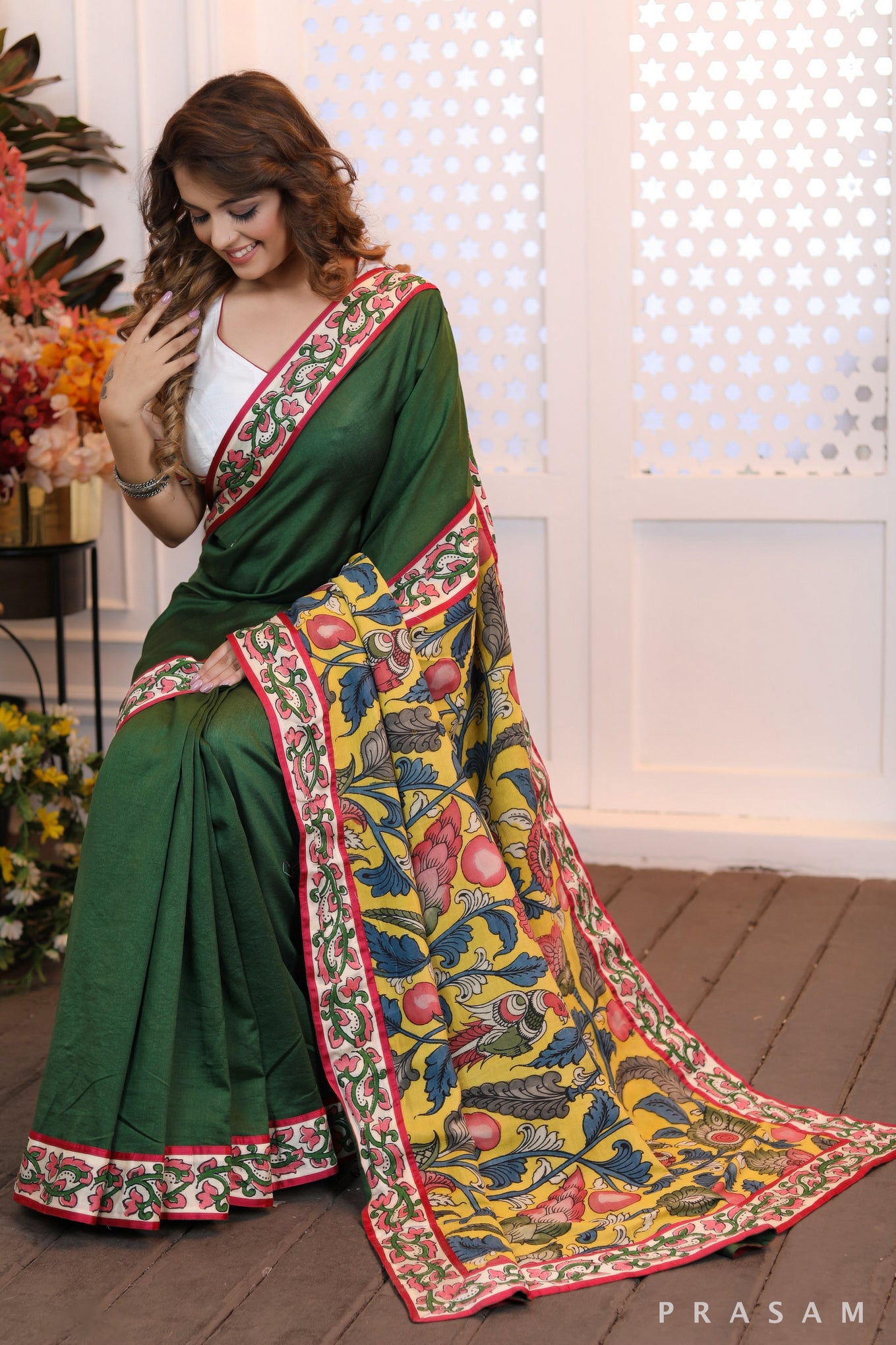 Jade Dreamweave  Emerald color chanderi silk saree with pure kalamkari pallu and handblock printed borders (Readymade blouse optional)