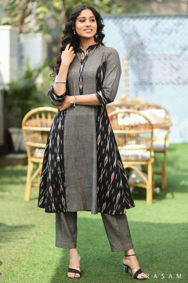Crafted Infusion Classy Ikat Fusion Kurta With Stripes (Optional Pants)