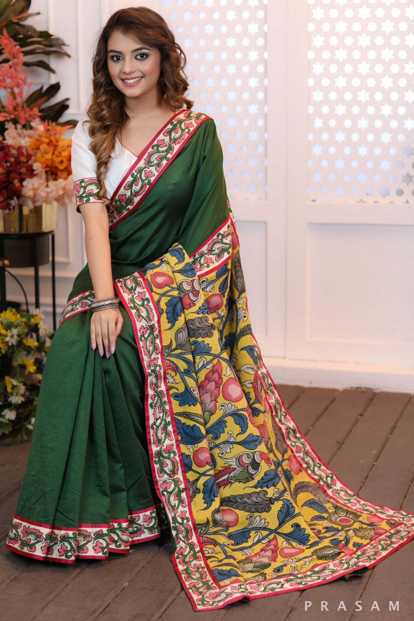 Jade Dreamweave  Emerald color chanderi silk saree with pure kalamkari pallu and handblock printed borders (Readymade blouse optional)