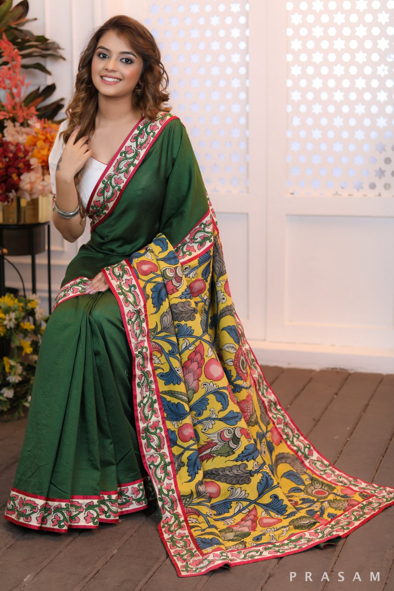 Jade Dreamweave  Emerald color chanderi silk saree with pure kalamkari pallu and handblock printed borders (Readymade blouse optional)