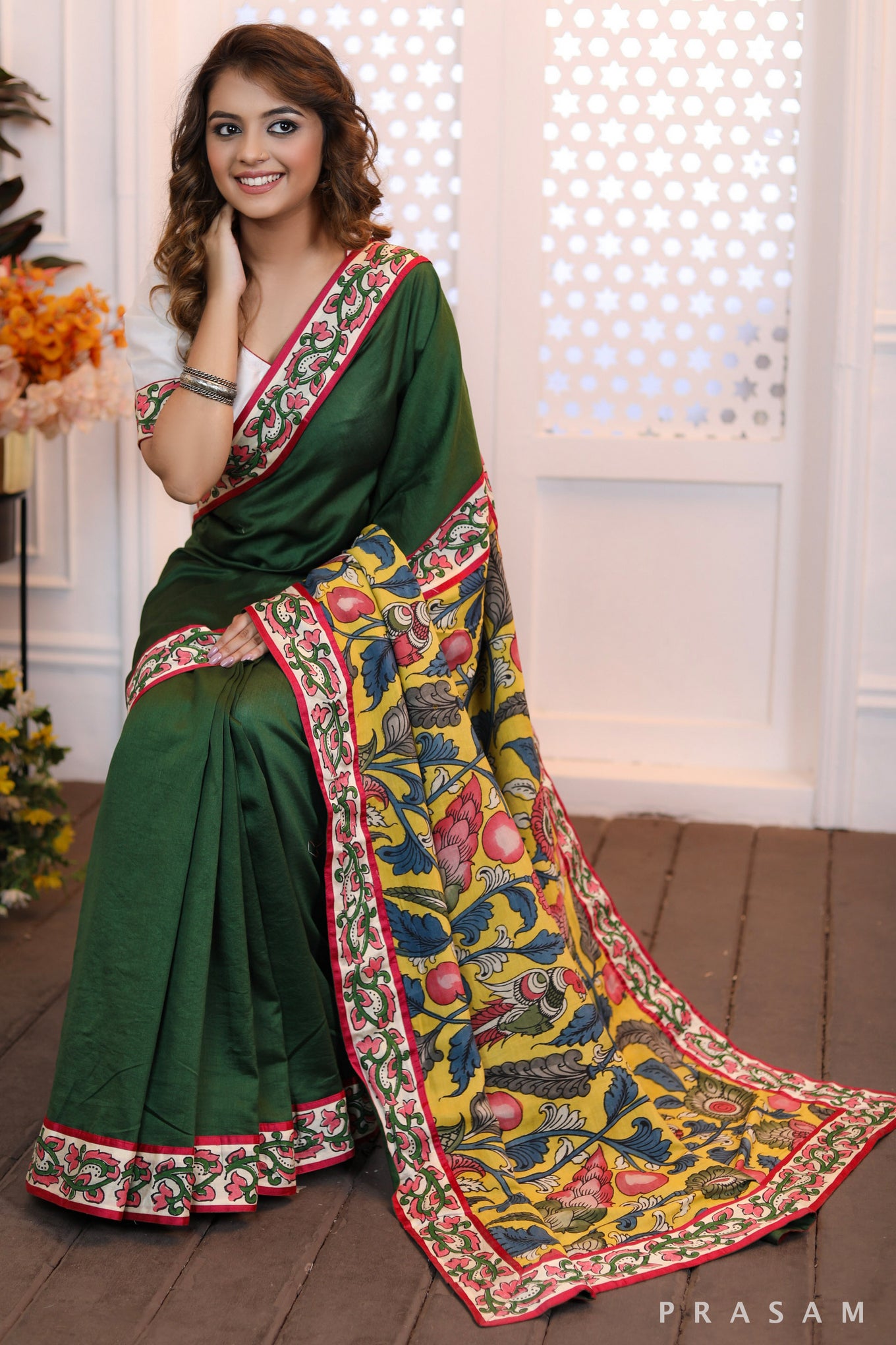 Jade Dreamweave  Emerald color chanderi silk saree with pure kalamkari pallu and handblock printed borders (Readymade blouse optional)