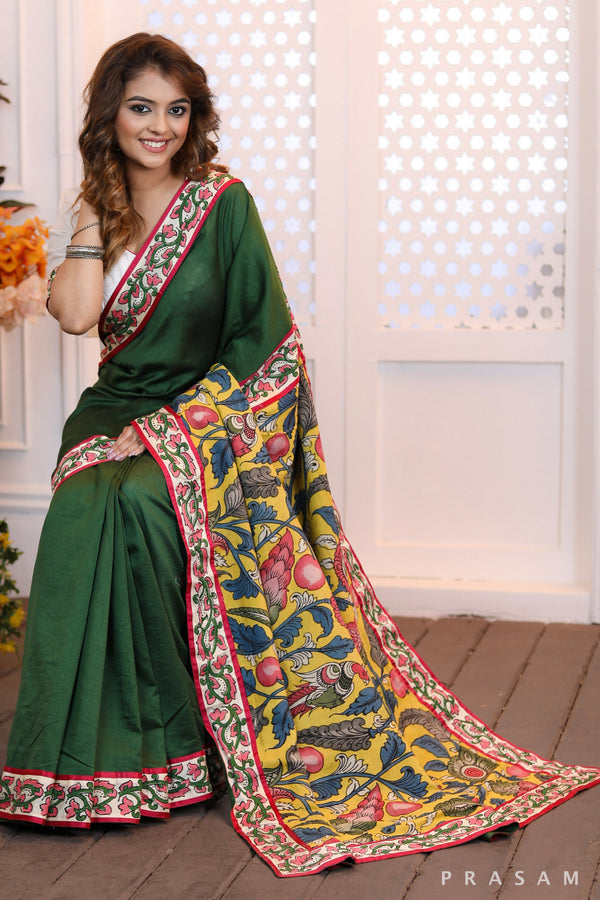 Jade Dreamweave  Emerald color chanderi silk saree with pure kalamkari pallu and handblock printed borders