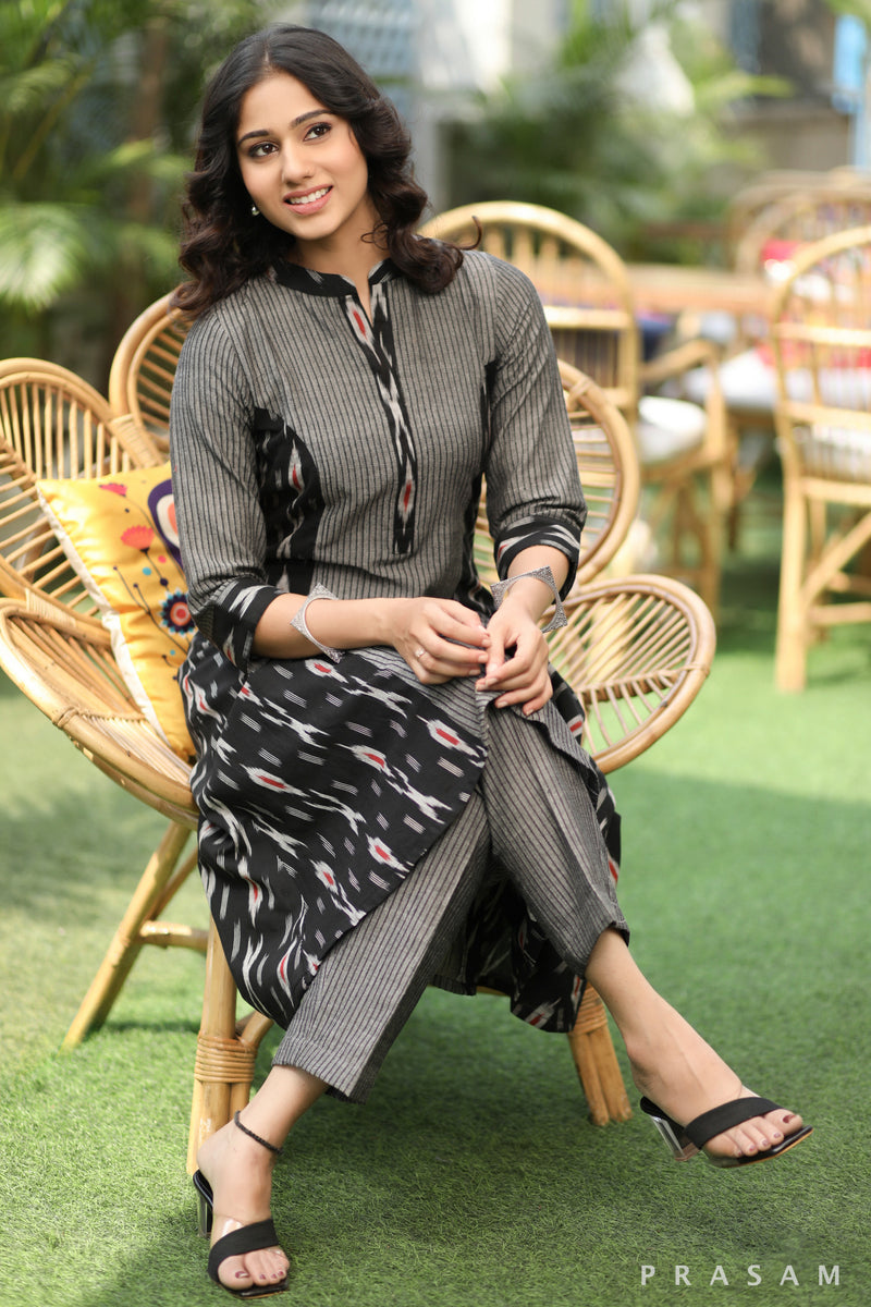 Crafted Infusion Classy Ikat Fusion Kurta With Stripes (Optional Pants)