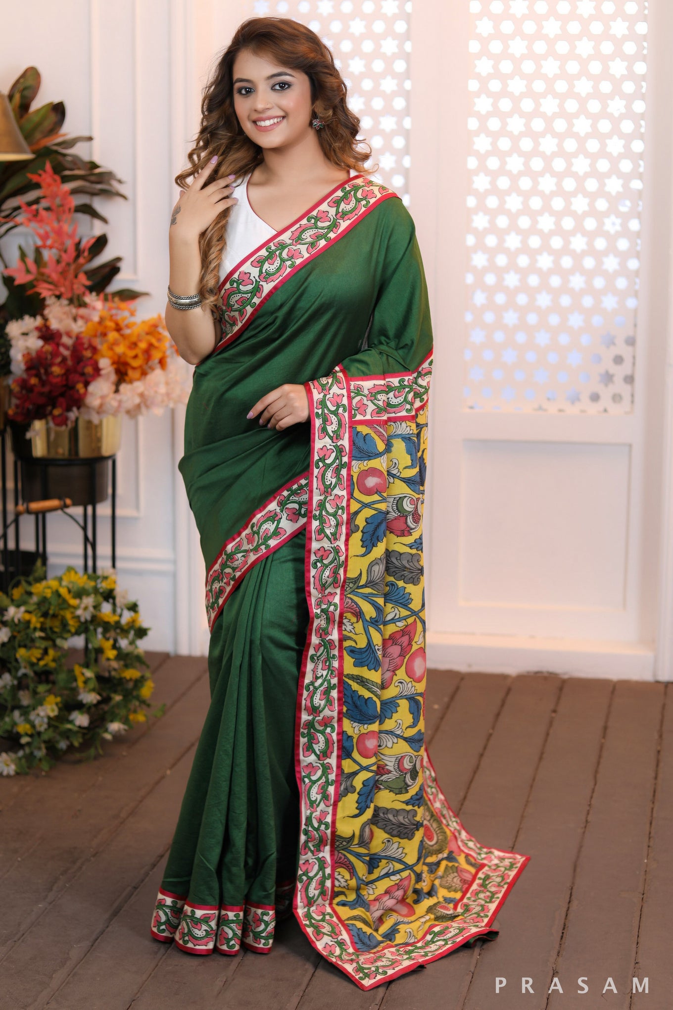 Jade Dreamweave  Emerald color chanderi silk saree with pure kalamkari pallu and handblock printed borders (Readymade blouse optional)