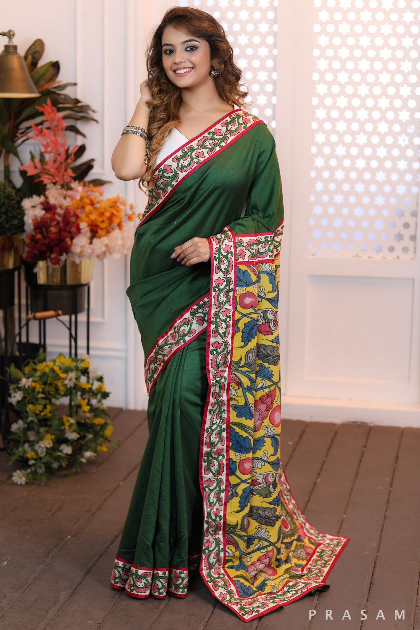 Jade Dreamweave  Emerald color chanderi silk saree with pure kalamkari pallu and handblock printed borders (Readymade blouse optional)