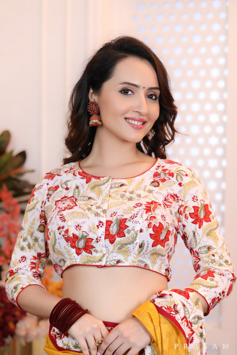 Classic bagru floral printed blouse and red trims