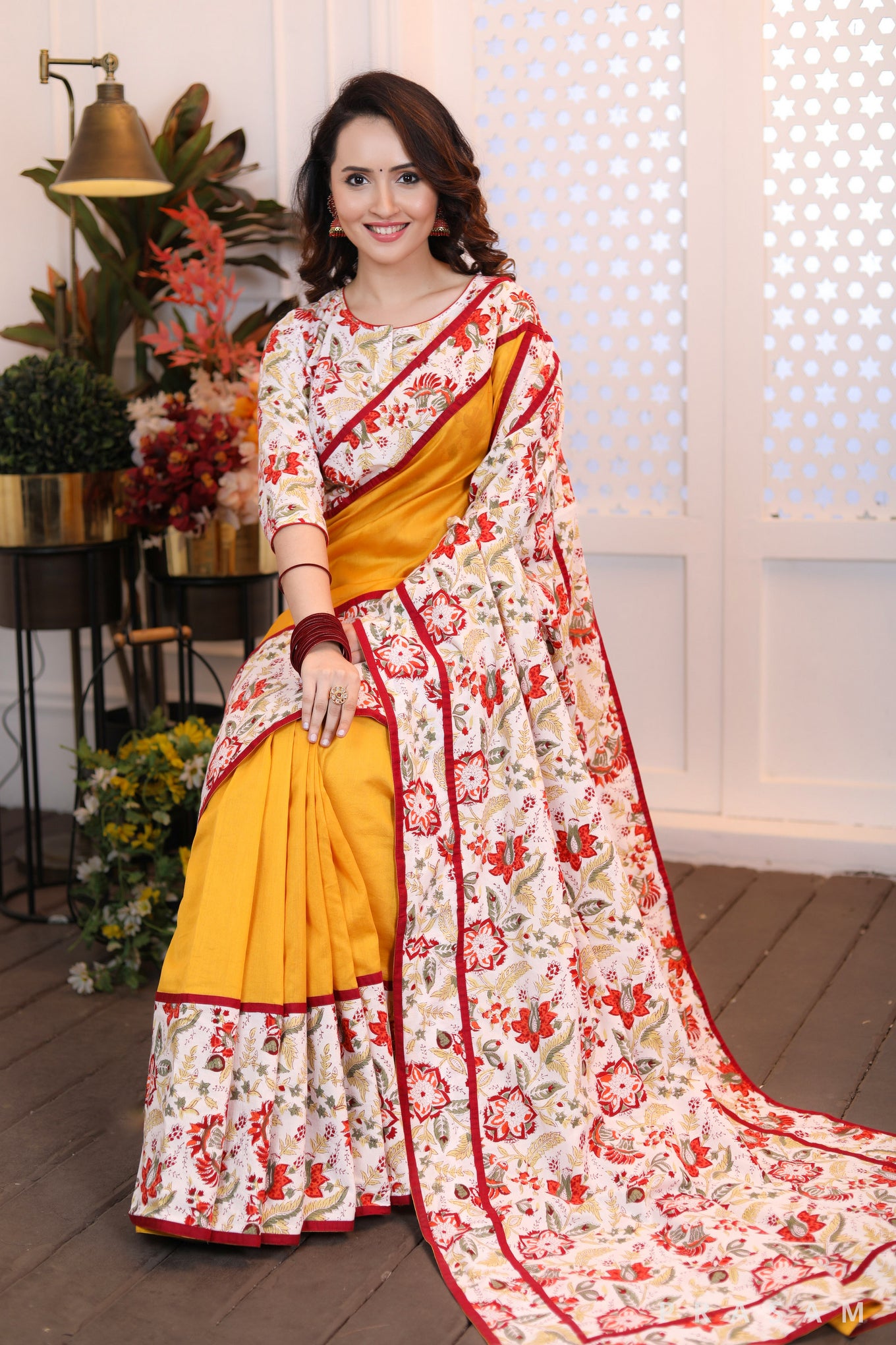 Sunset Splendour  Modern classic bright yellow chanderi silk saree with bagru floral print combination (Readymade Blouse Optional)