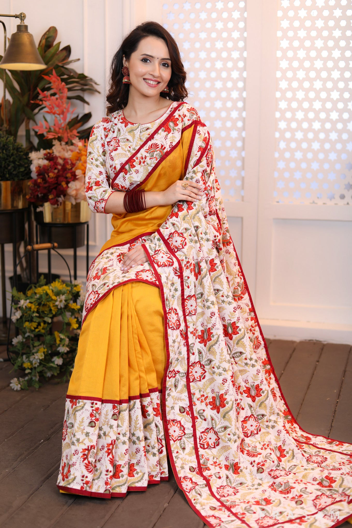 Sunset Splendour  Modern classic bright yellow chanderi silk saree with bagru floral print combination (Readymade Blouse Optional)