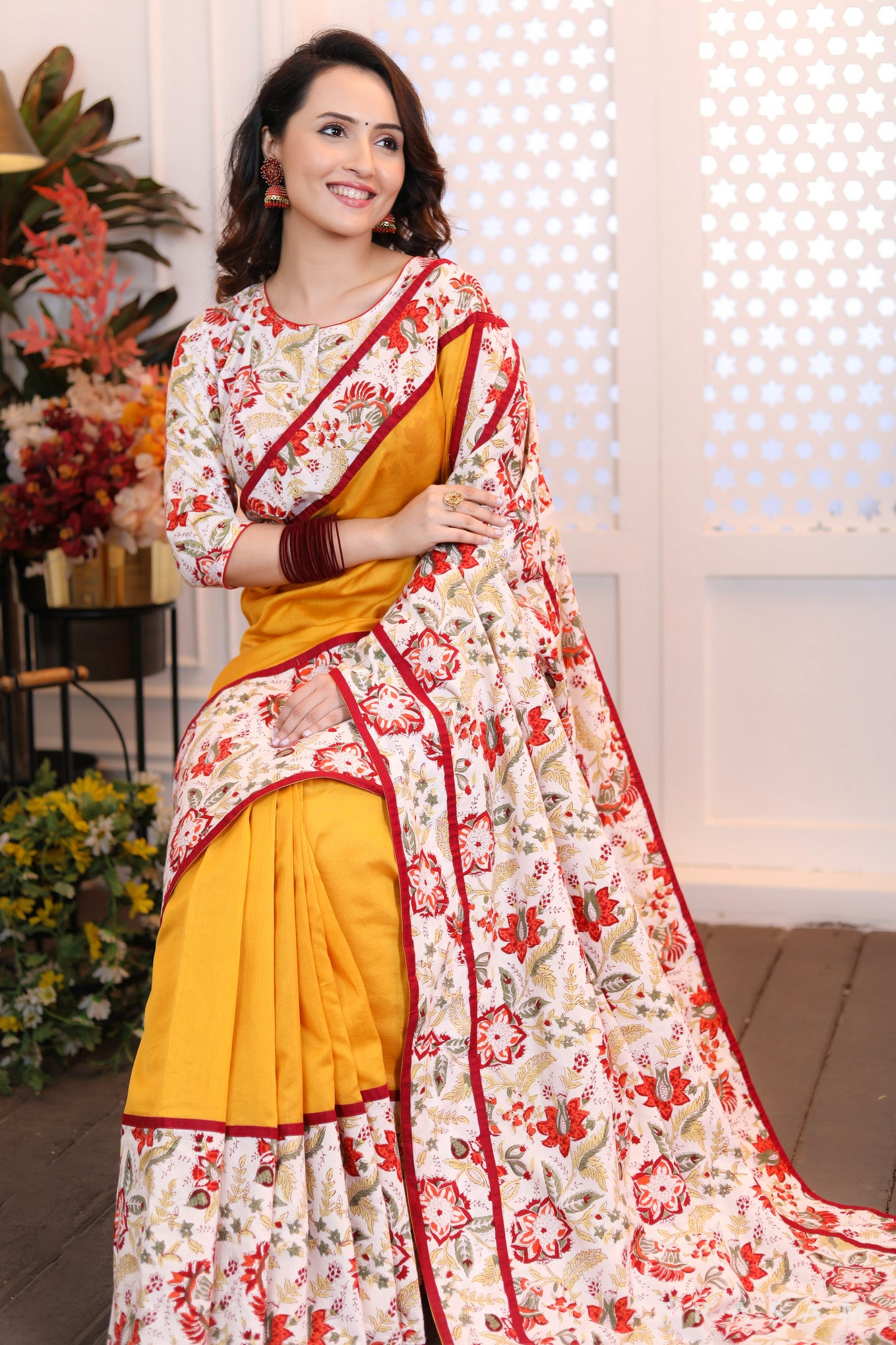 Sunset Splendour  Modern classic bright yellow chanderi silk saree with bagru floral print combination (Readymade Blouse Optional)