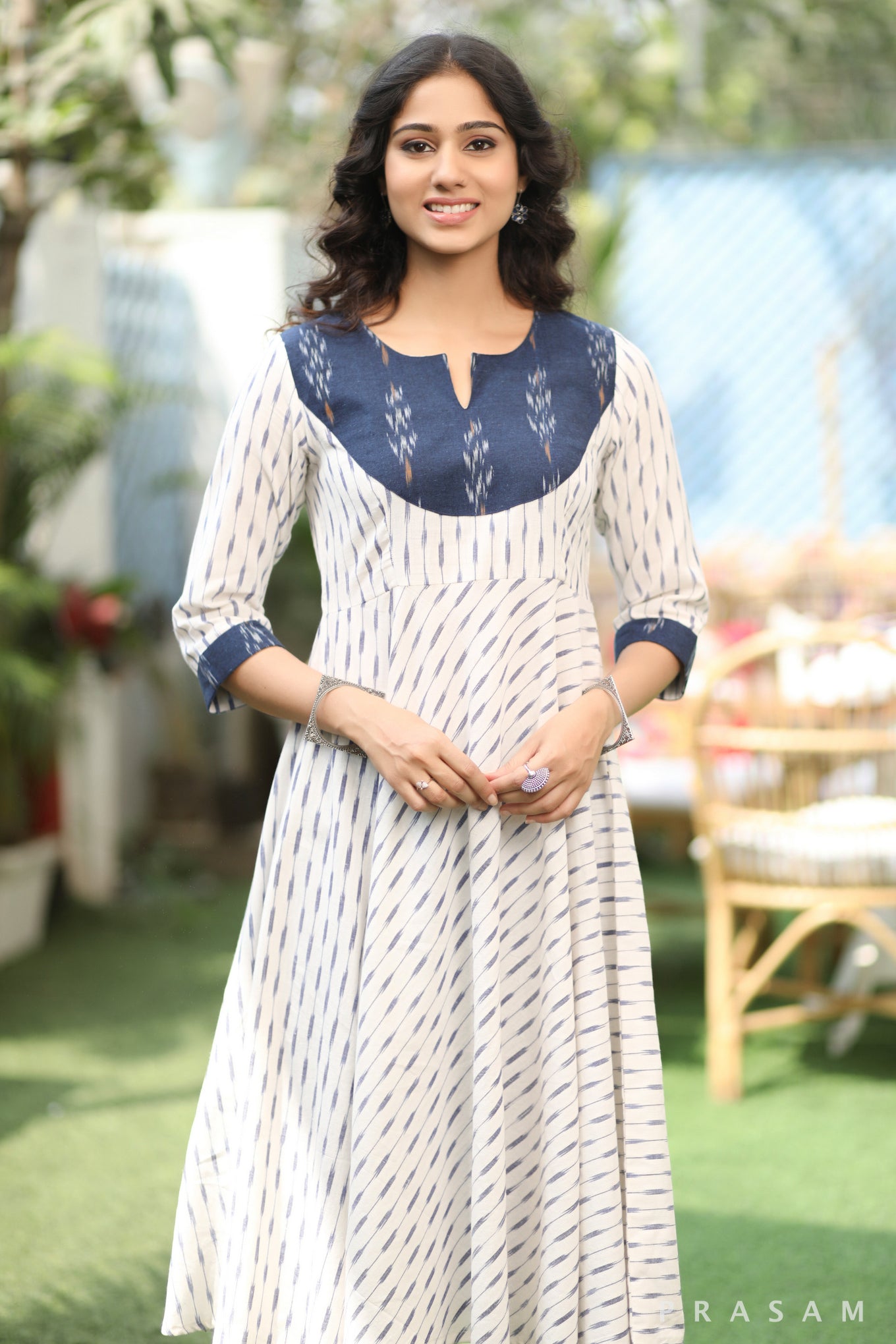 Contemporary Ikat Splendor Flattering White And Blue Ikat Fusion Kurta Set