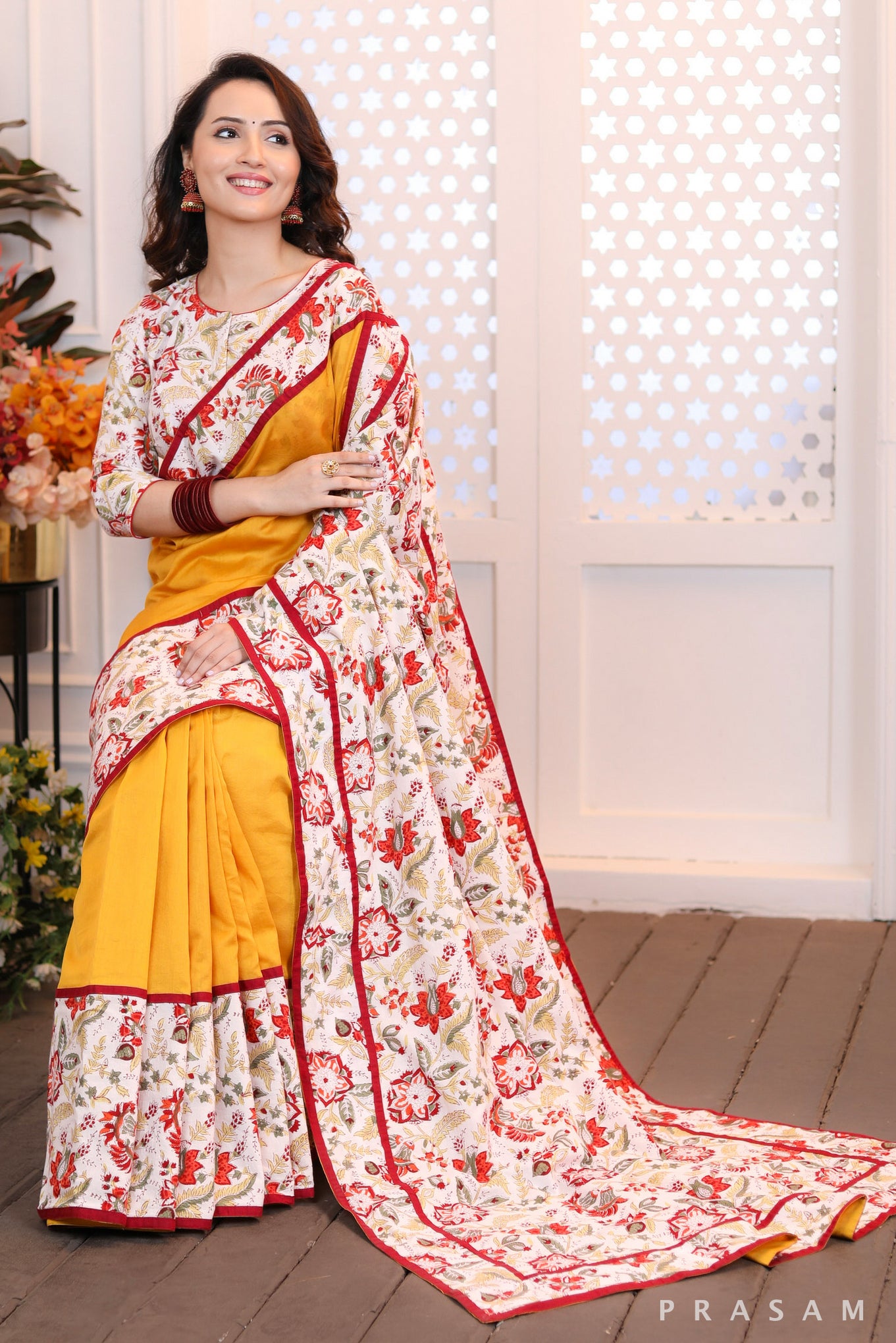 Sunset Splendour  Modern classic bright yellow chanderi silk saree with bagru floral print combination (Readymade Blouse Optional)