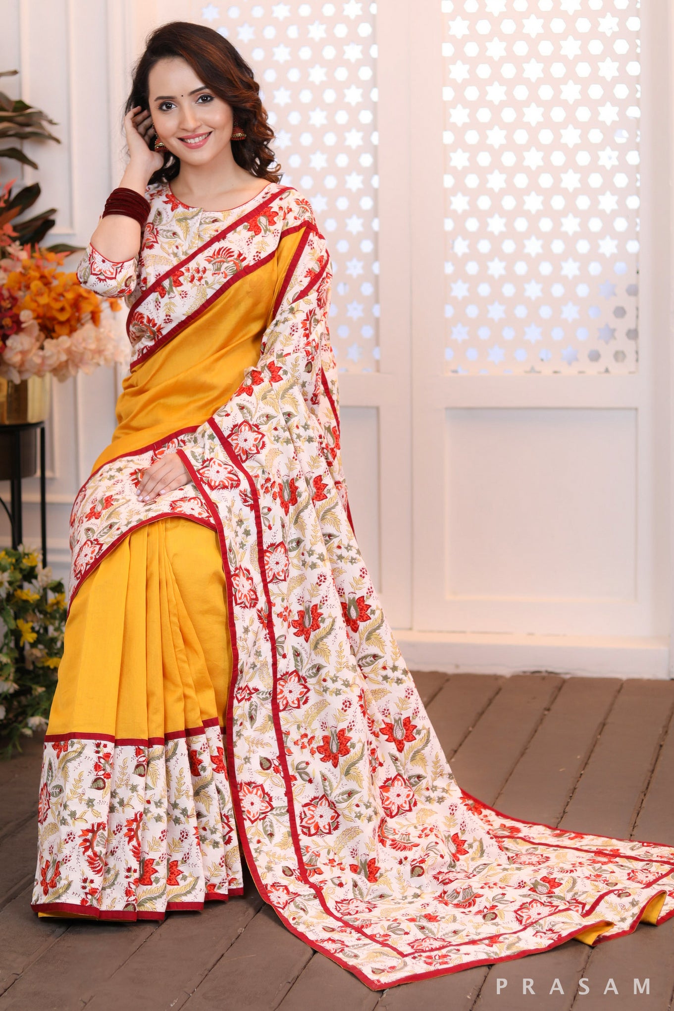 Sunset Splendour  Modern classic bright yellow chanderi silk saree with bagru floral print combination (Readymade Blouse Optional)