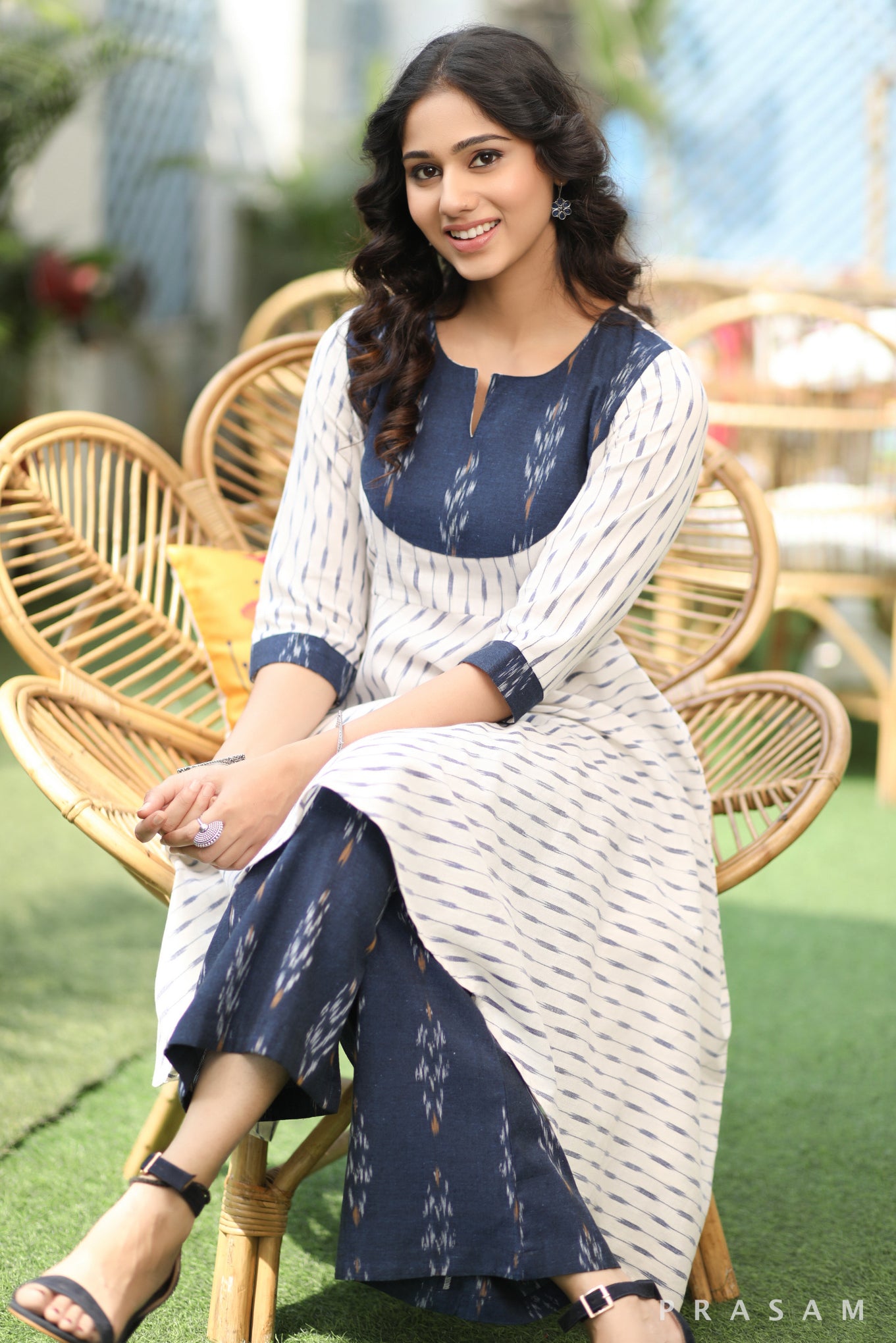 Contemporary Ikat Splendor Flattering White And Blue Ikat Fusion Kurta Set