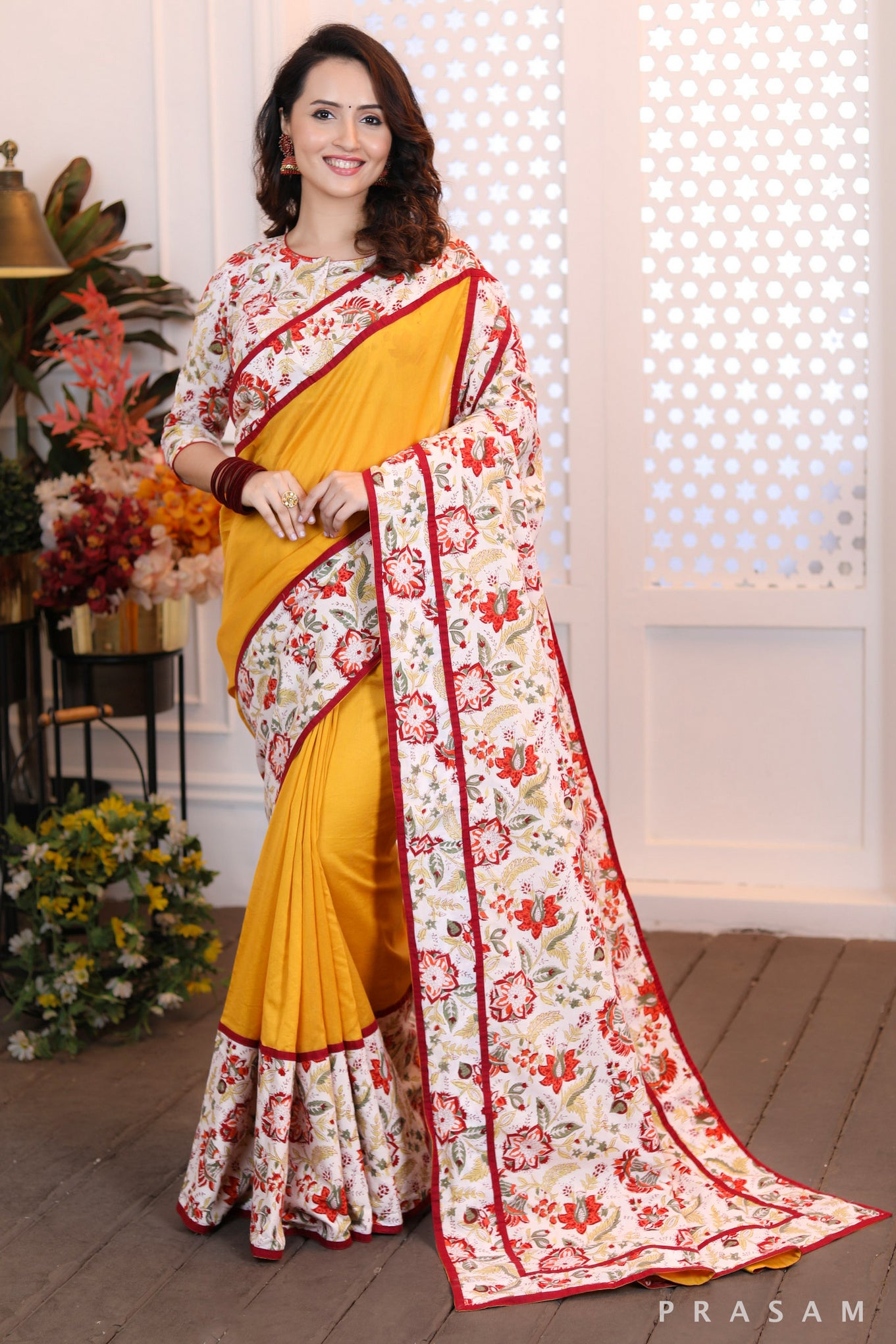 Sunset Splendour  Modern classic bright yellow chanderi silk saree with bagru floral print combination (Readymade Blouse Optional)