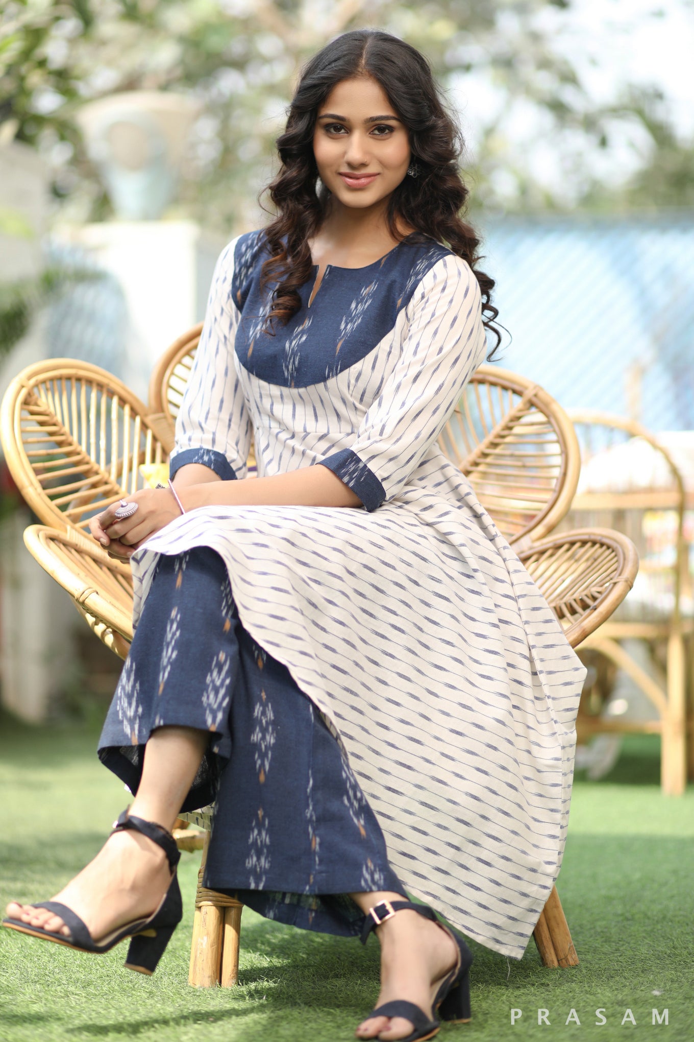 Contemporary Ikat Splendor Flattering White And Blue Ikat Fusion Kurta Set