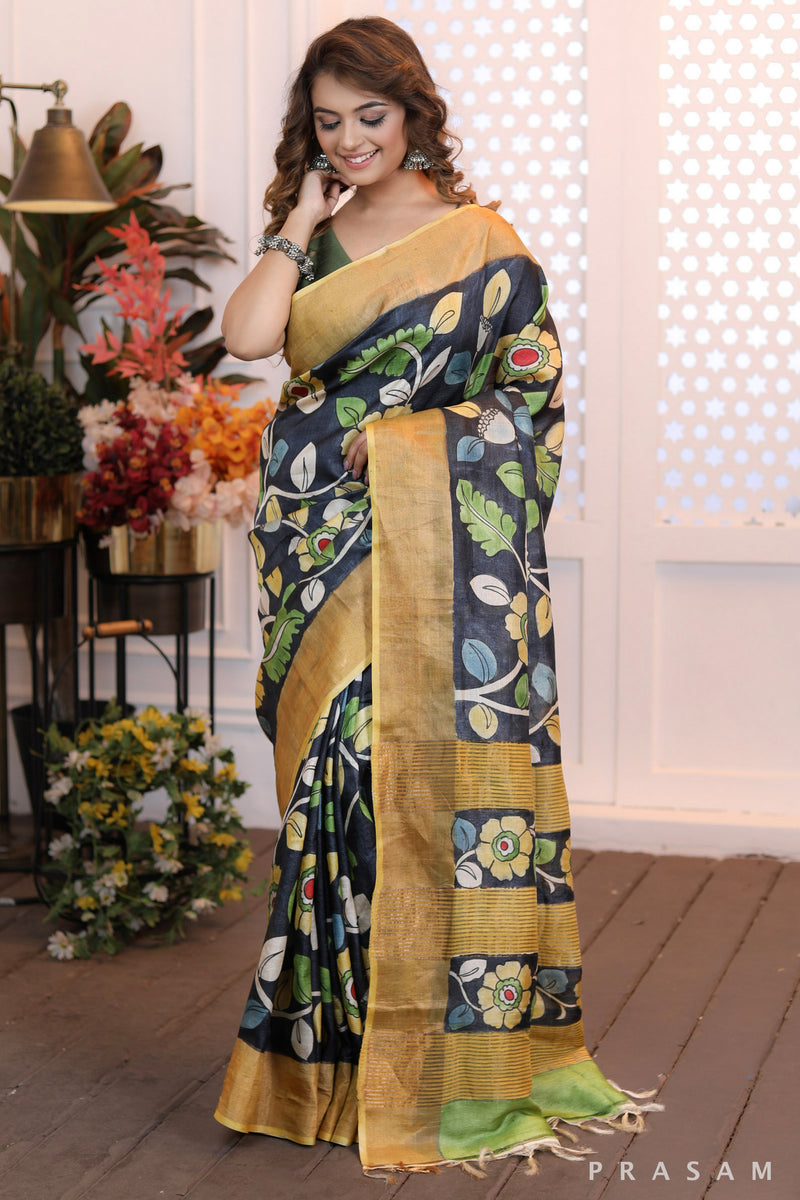 Golden Elegance Cultural ethnic dark grey hand painted kalamkari floral silk saree