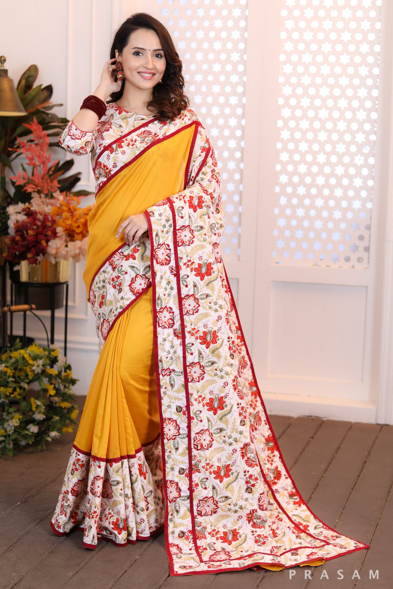 Sunset Splendour  Modern classic bright yellow chanderi silk saree with bagru floral print combination (Readymade Blouse Optional)