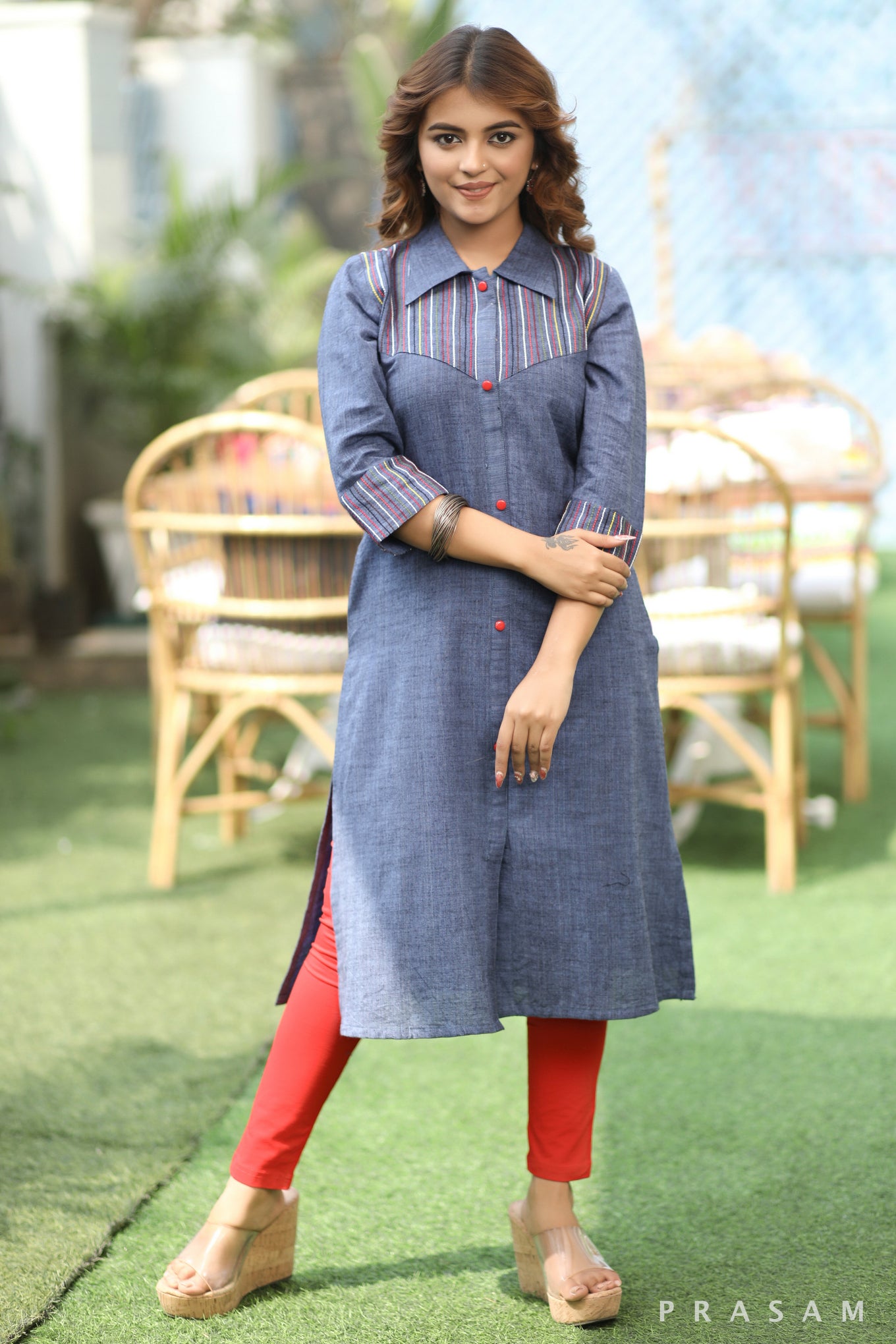 Denim Delight Smart Denim Kurta With Embroidery Details ( Leggings Optional)