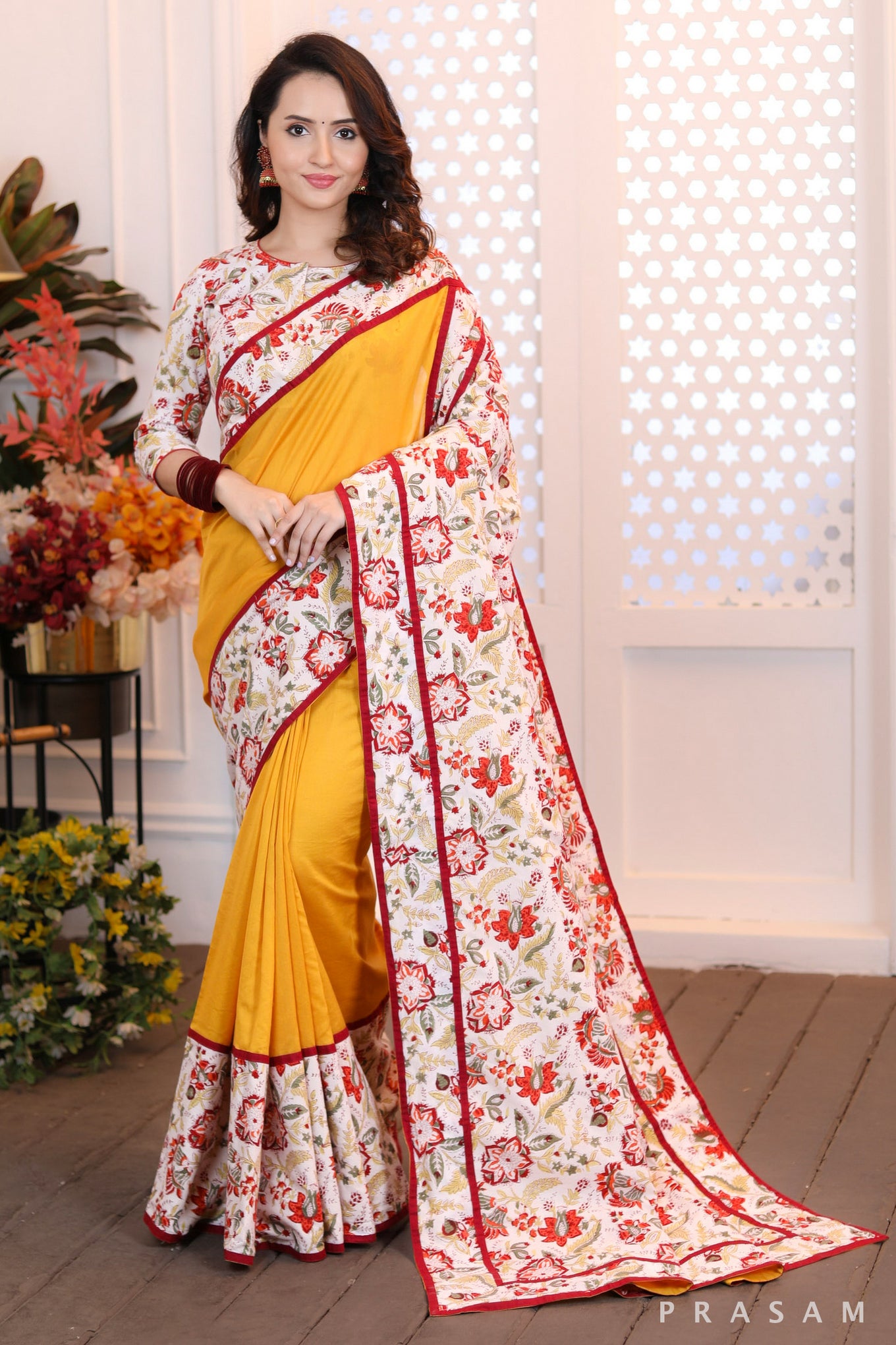 Sunset Splendour  Modern classic bright yellow chanderi silk saree with bagru floral print combination (Readymade Blouse Optional)