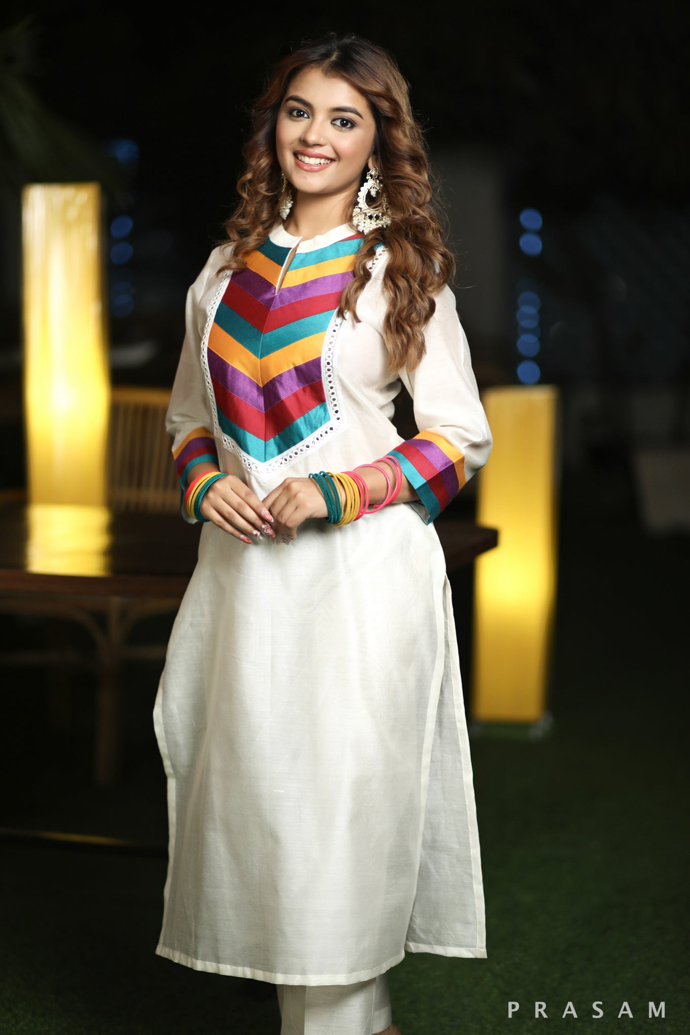 Celestial Elegance Glamorous Chanderi Silk Kurti With Multi Coloured Trims, Lace Details and Pants