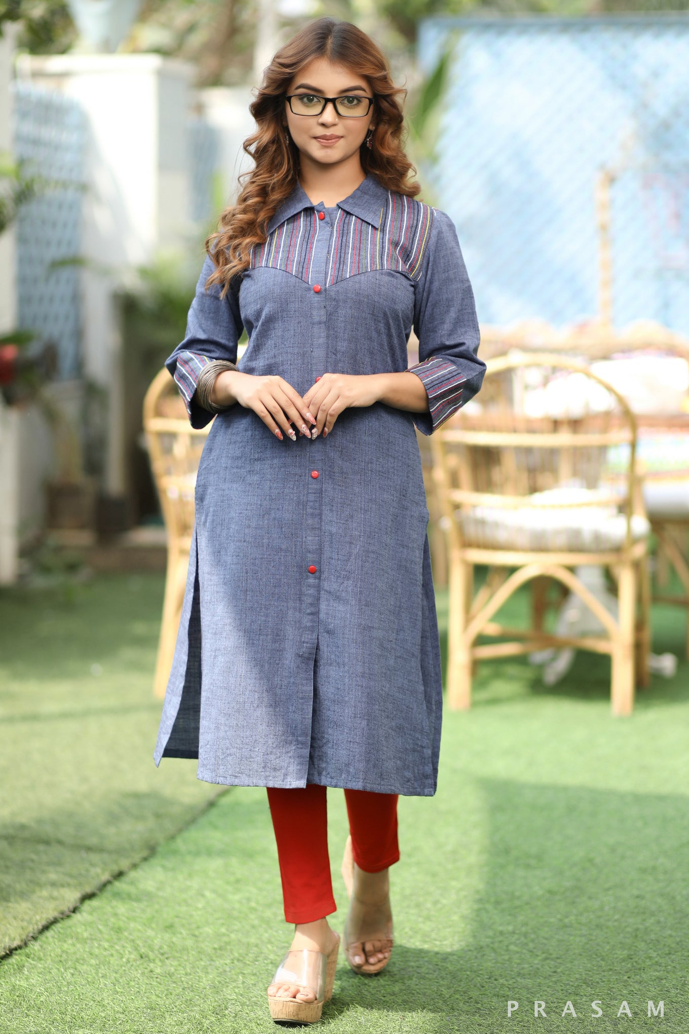 Denim Delight Smart Denim Kurta With Embroidery Details ( Leggings Optional)