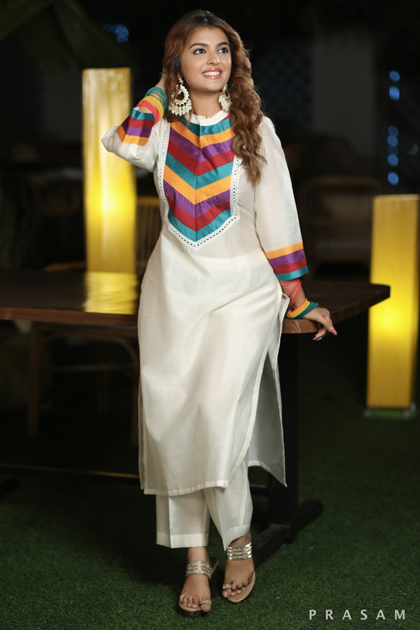 Celestial Elegance Glamorous Chanderi Silk Kurti With Multi Coloured Trims And Lace Details  (Pants Optional)