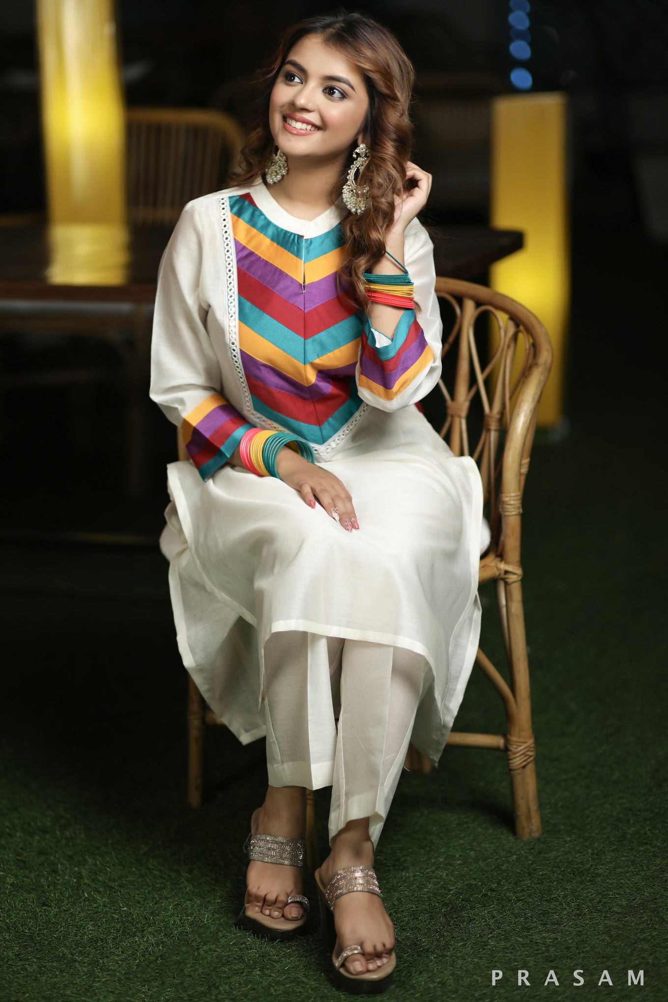 Celestial Elegance Glamorous Chanderi Silk Kurti With Multi Coloured Trims, Lace Details and Pants