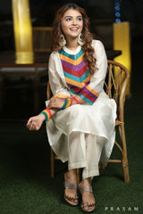 Celestial Elegance - Glamorous Chanderi Silk Kurti With Multi Coloured Trims And Lace Details  (Pants Optional)