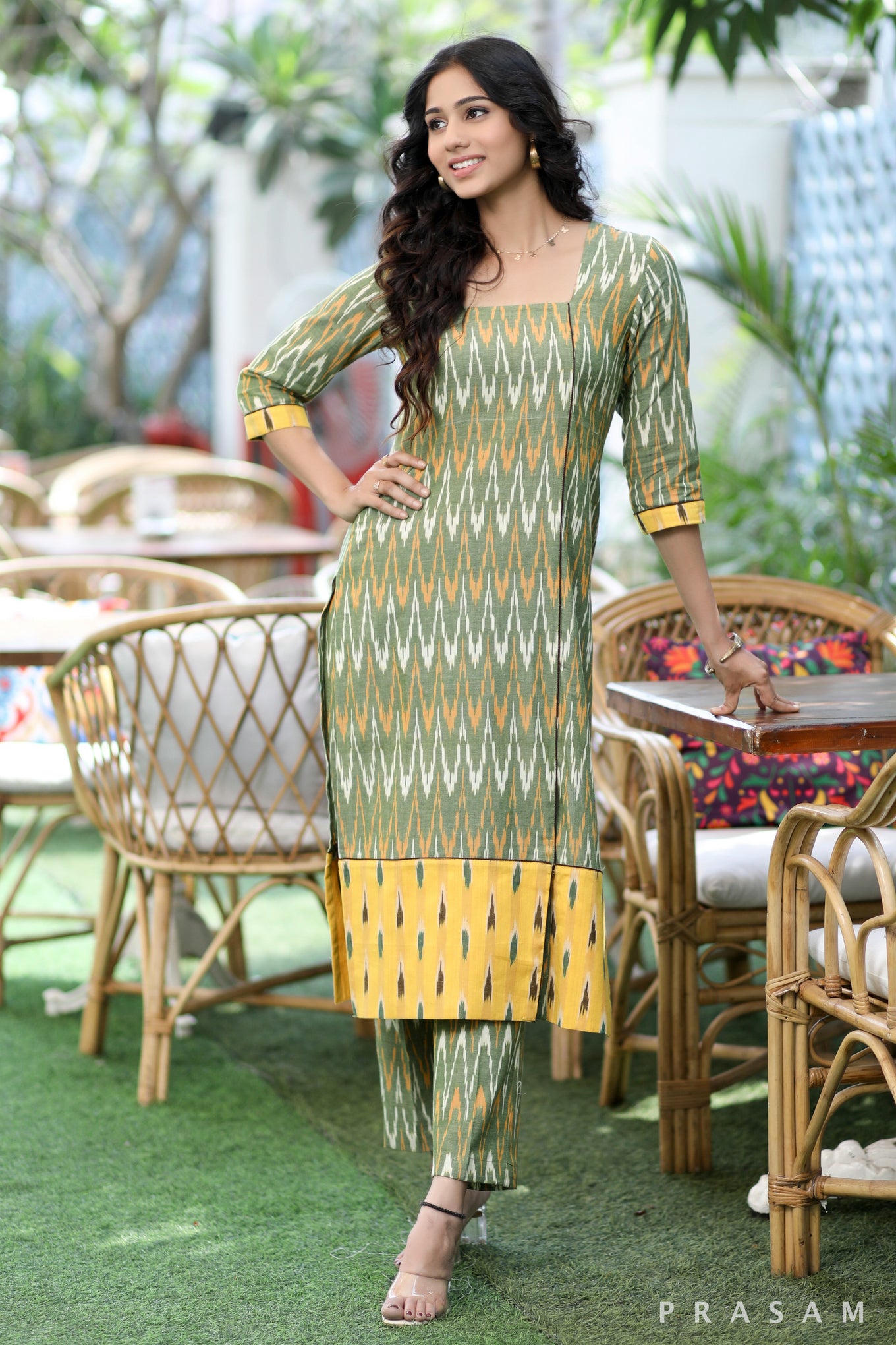 Ikat Allure  Must Have Green And Yellow Combination Ikat Set