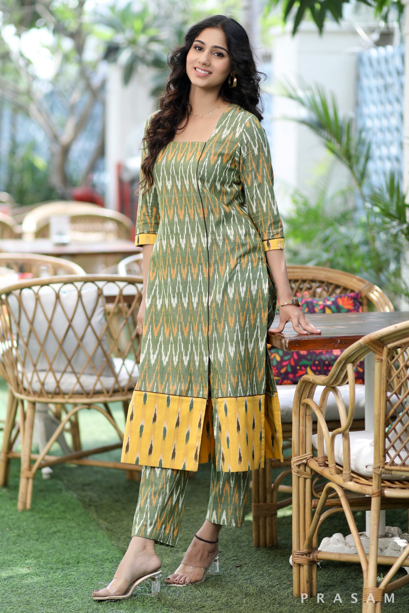 Ikat Allure  Must Have Green And Yellow Combination Ikat Set