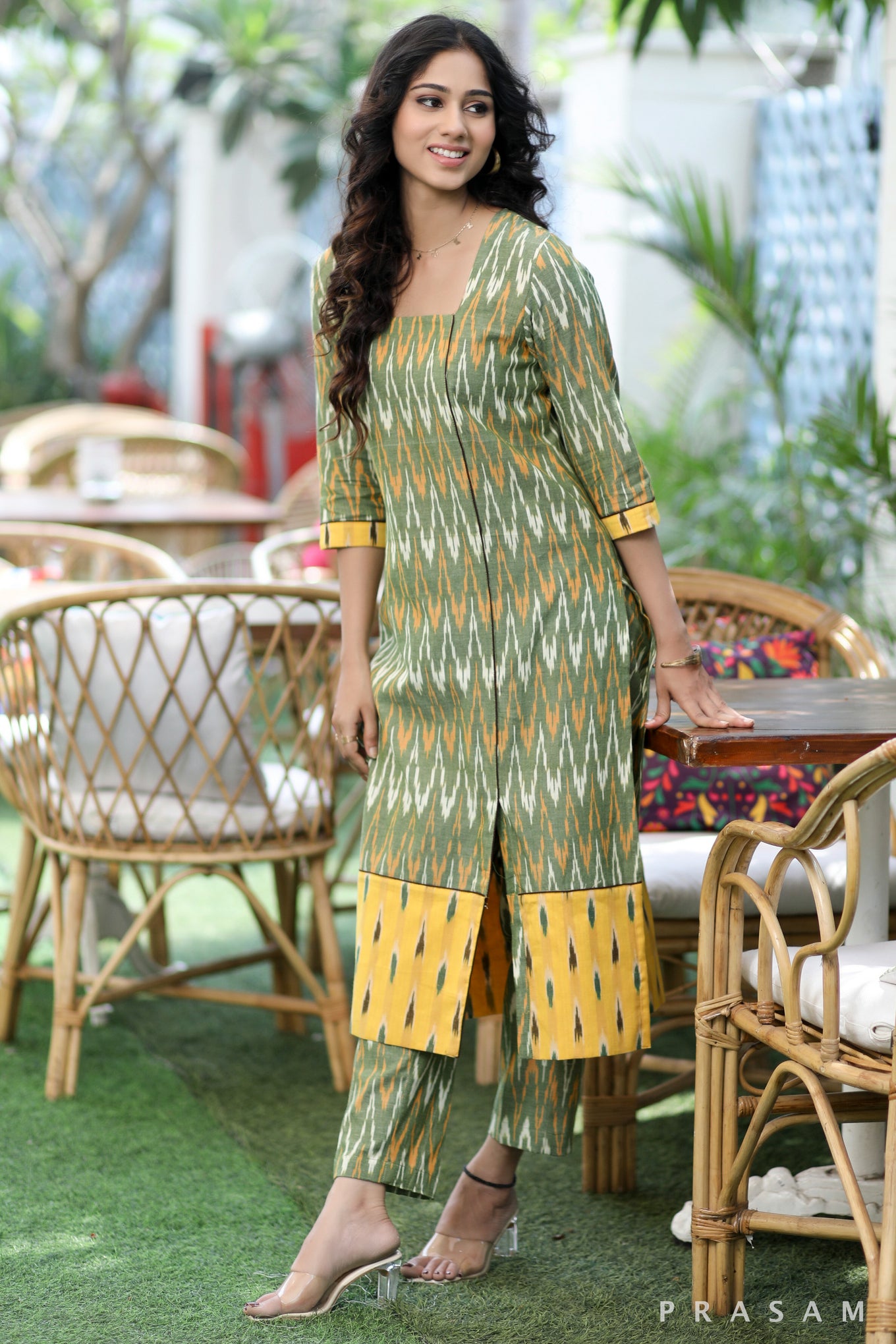 Ikat Allure  Must Have Green And Yellow Combination Ikat Set