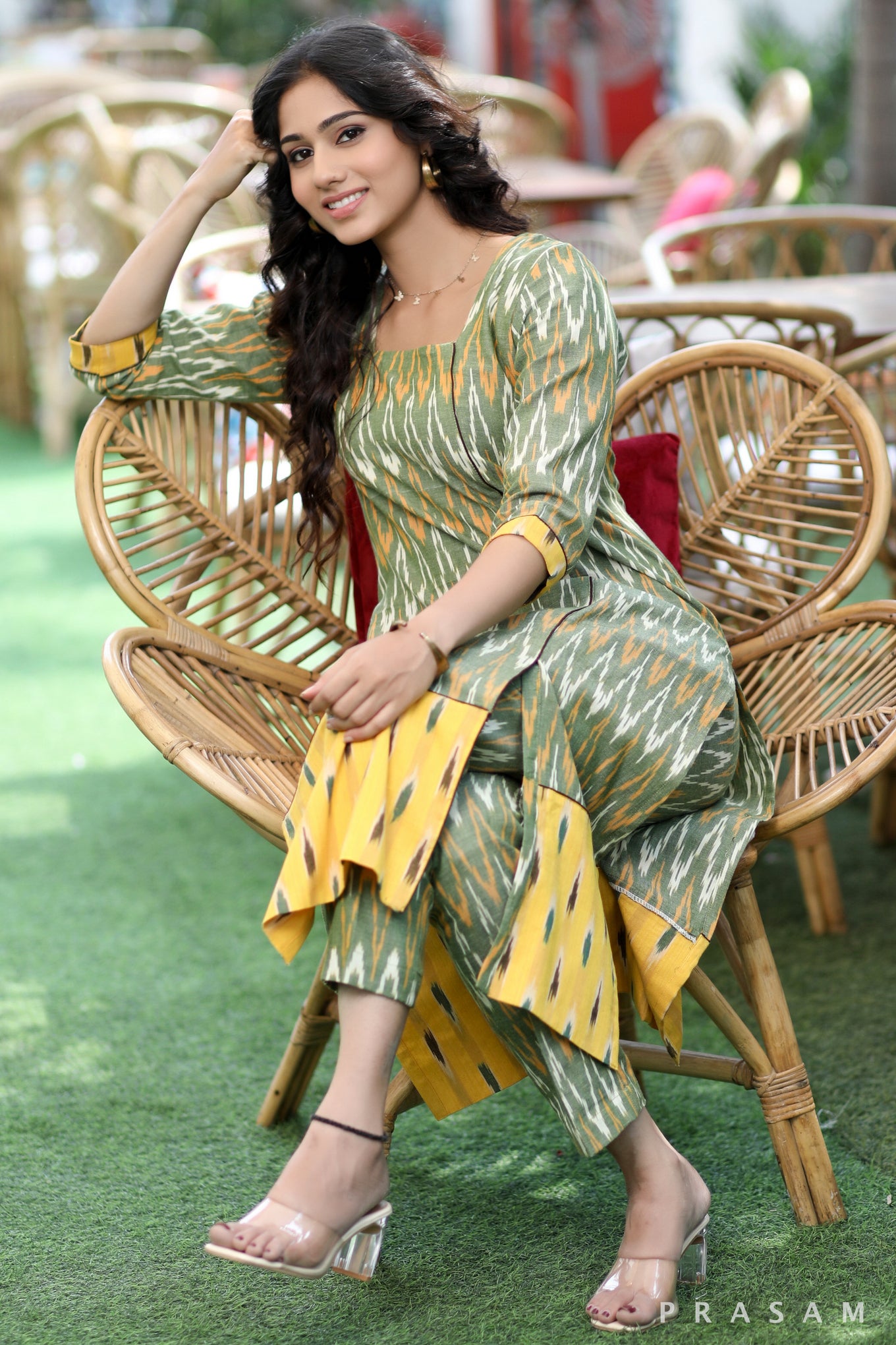 Ikat Allure  Must Have Green And Yellow Combination Ikat Set