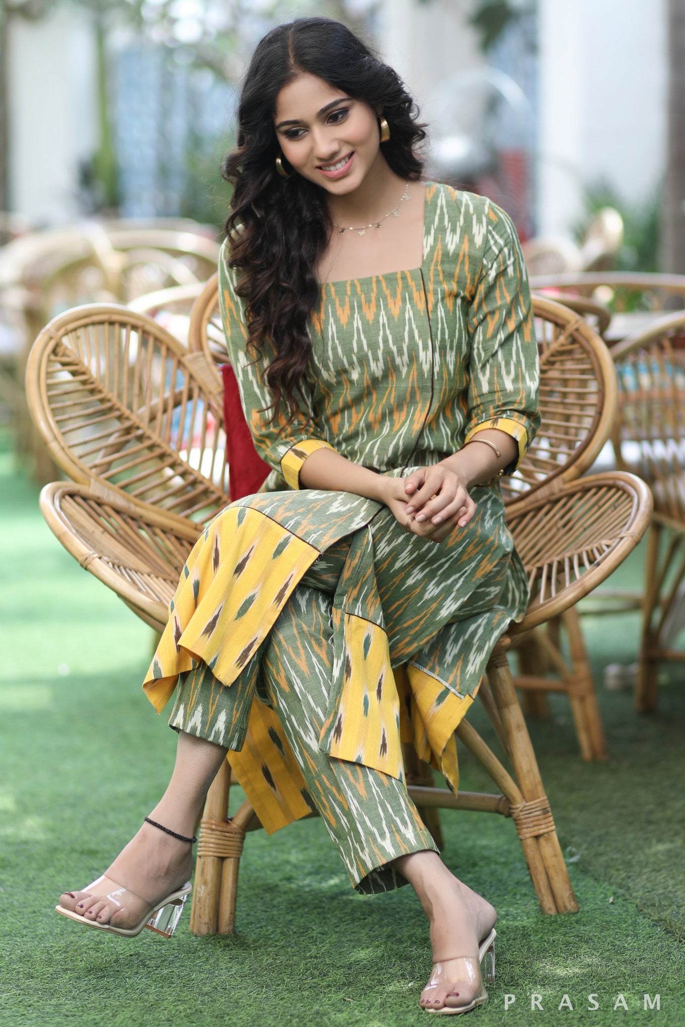 Ikat Allure  Must Have Green And Yellow Combination Ikat Set