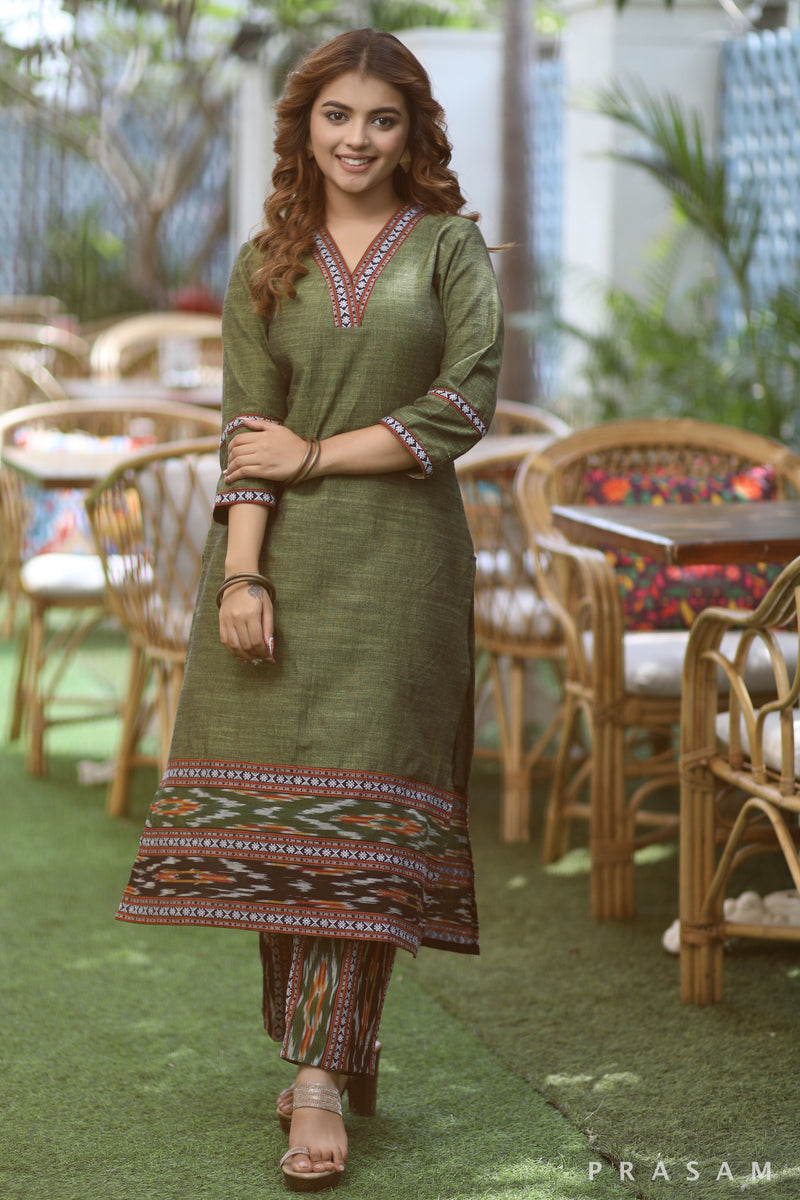 Myrtle Green Fashionable Mehandi Green Handloom Cotton With Ikat Borders(Pants Optional)