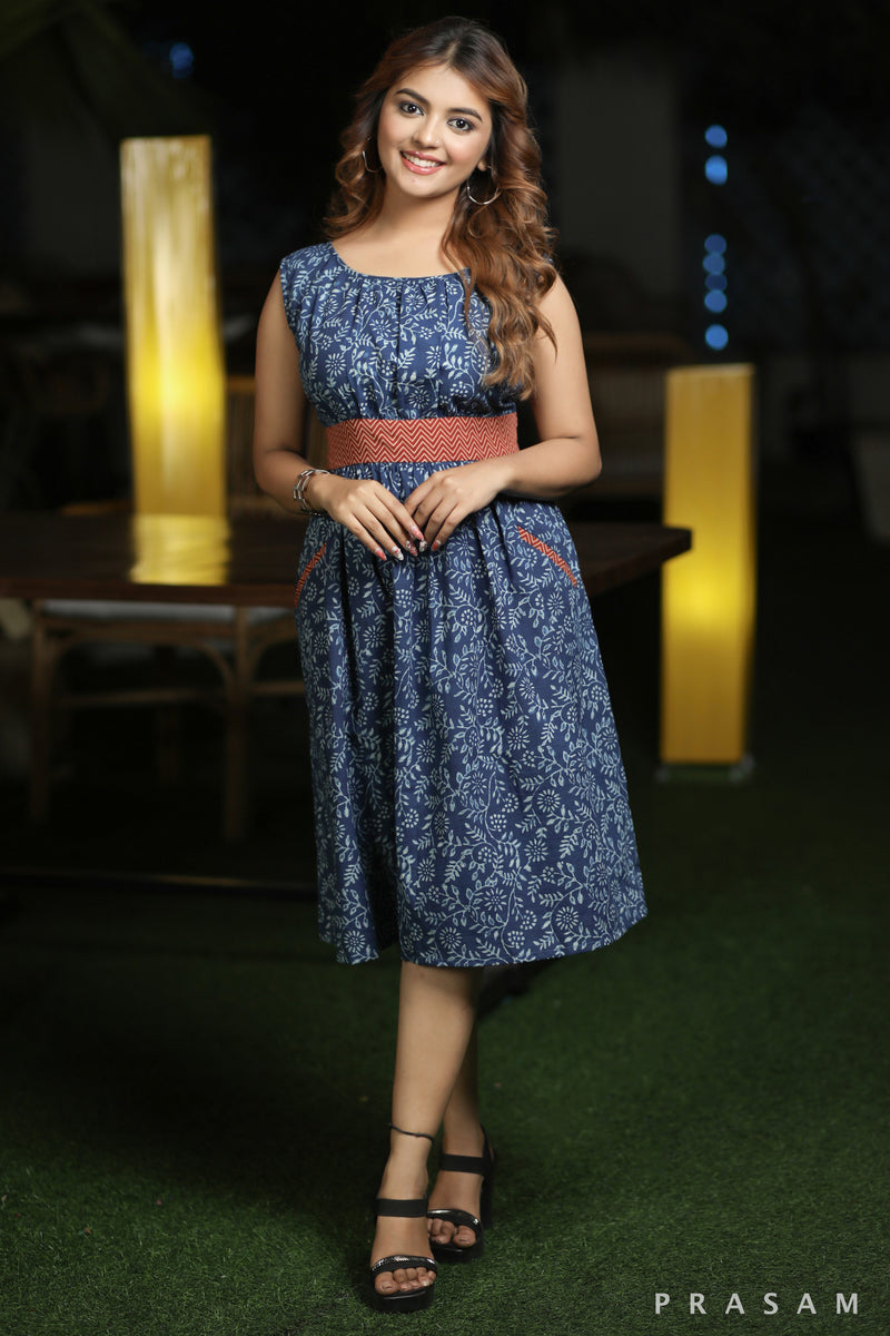 Mended Mint Trendy Indigo Floral Printed Cotton Dress With Ajrakh Trims