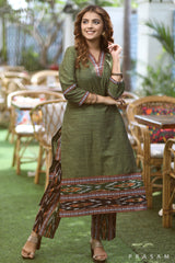 Myrtle Green Fashionable Mehandi Green Handloom Cotton With Ikat Borders(Pants Optional)