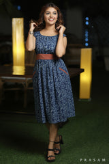 Mended Mint Trendy Indigo Floral Printed Cotton Dress With Ajrakh Trims