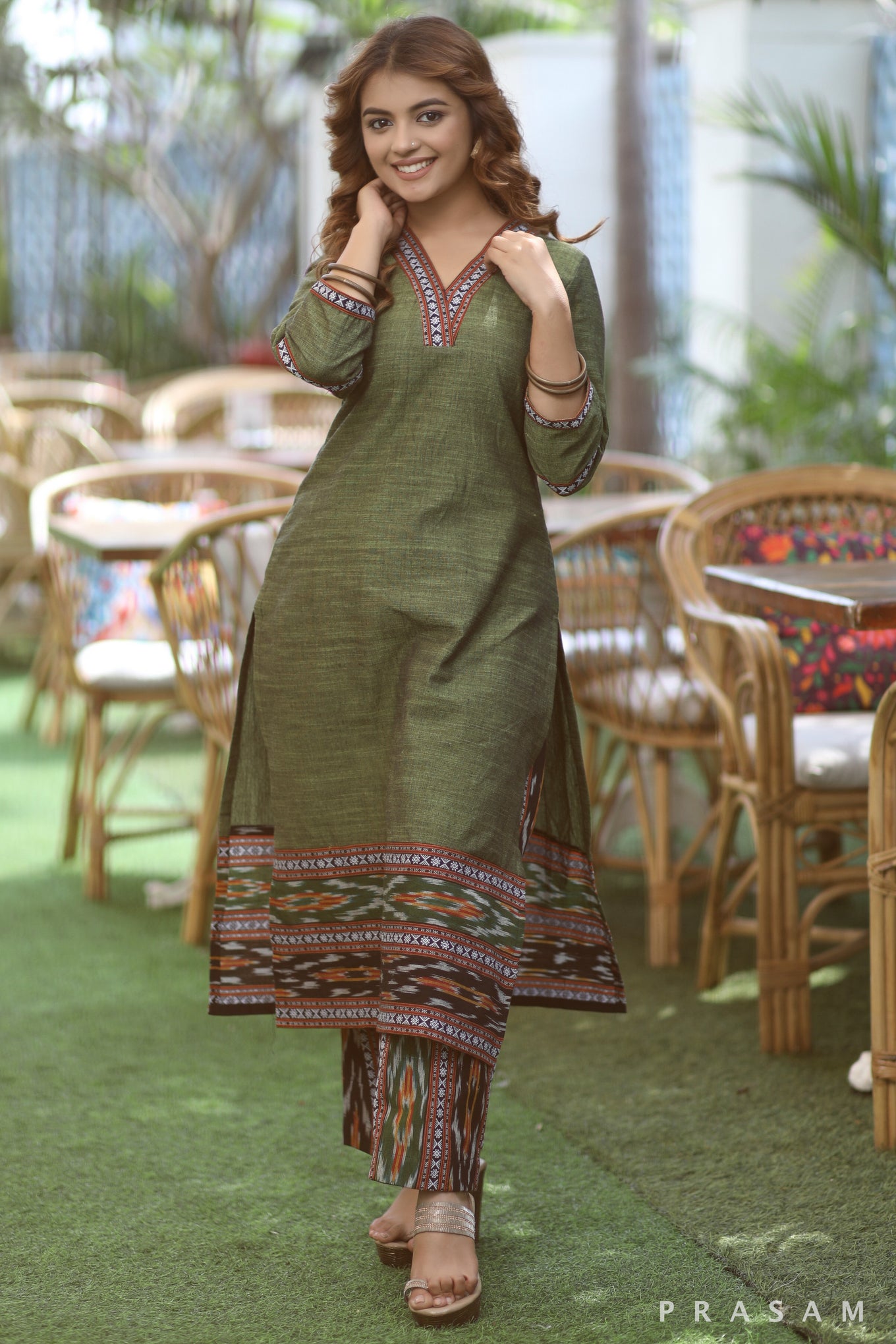 Myrtle Green Fashionable Mehandi Green Handloom Cotton With Ikat Borders(Pants Optional)