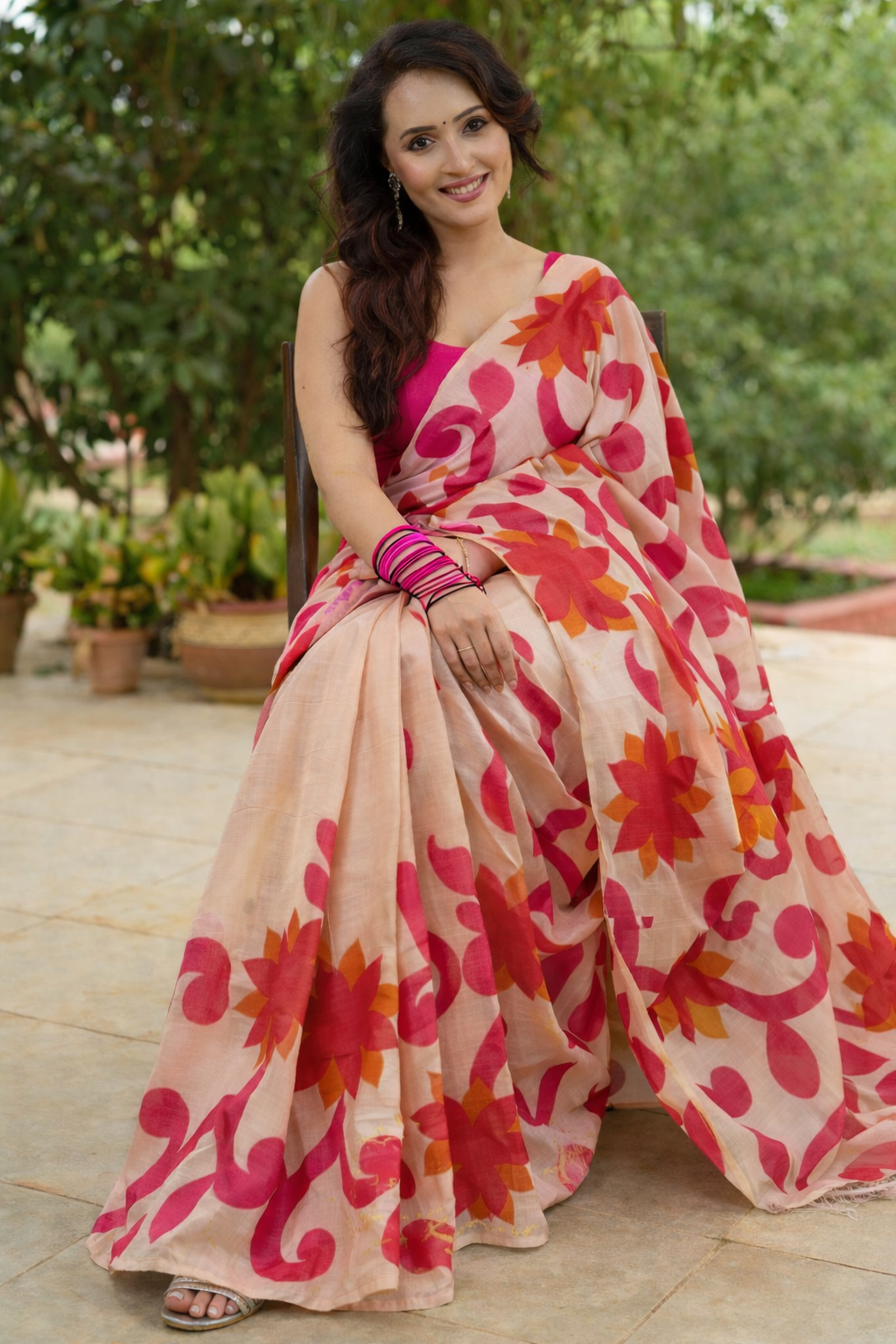Anaya Peach Pink Hand-Painted Pure Silk Saree