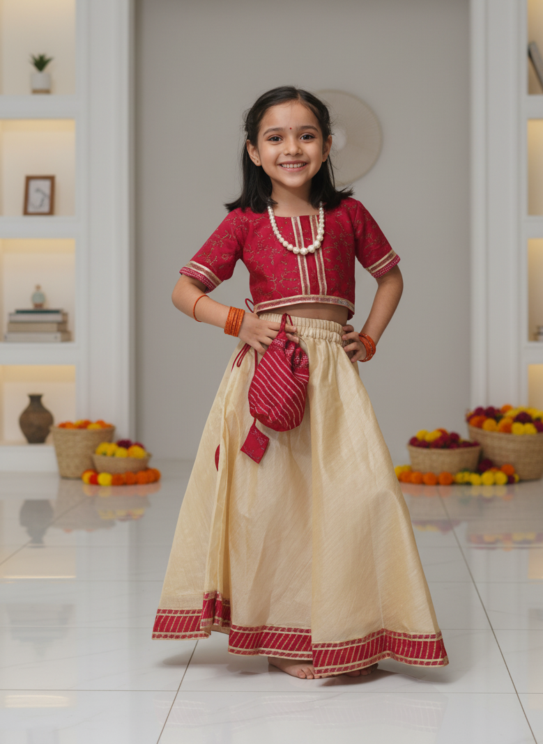 Celebrate your little one’s charm with the Anokhe Bachpan Hand Block Printed Top &amp; Skirt Set by Prasam Crafts. Crafted in soft cotton blend with intricate block prints, it’s designed for effortless comfort, festive elegance, and everyday playfulness.