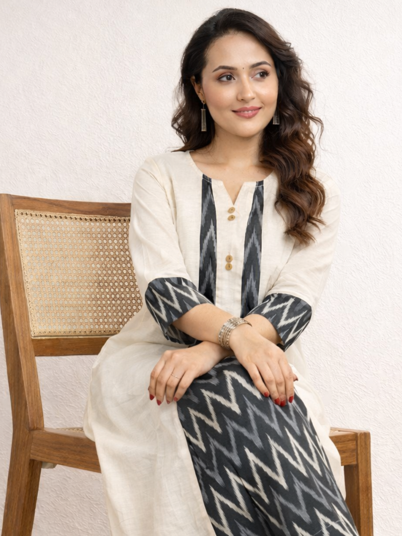Ivory & Black Ikat A-Line Kurti Set