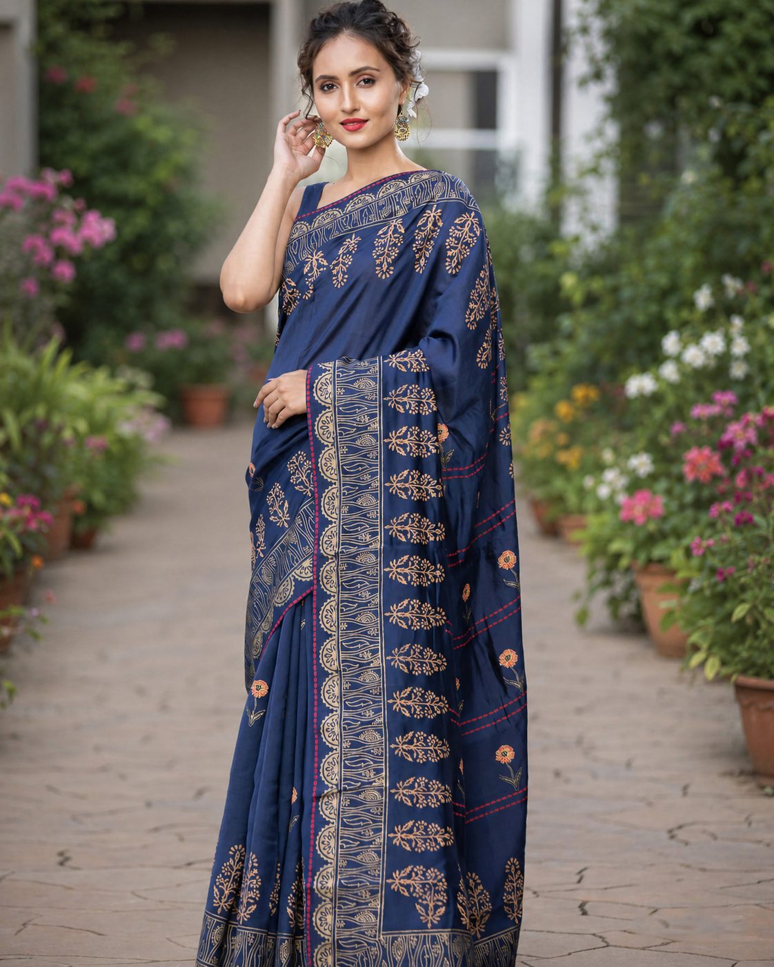 Sapphire Star Bust-Silk Modal Block Print Saree