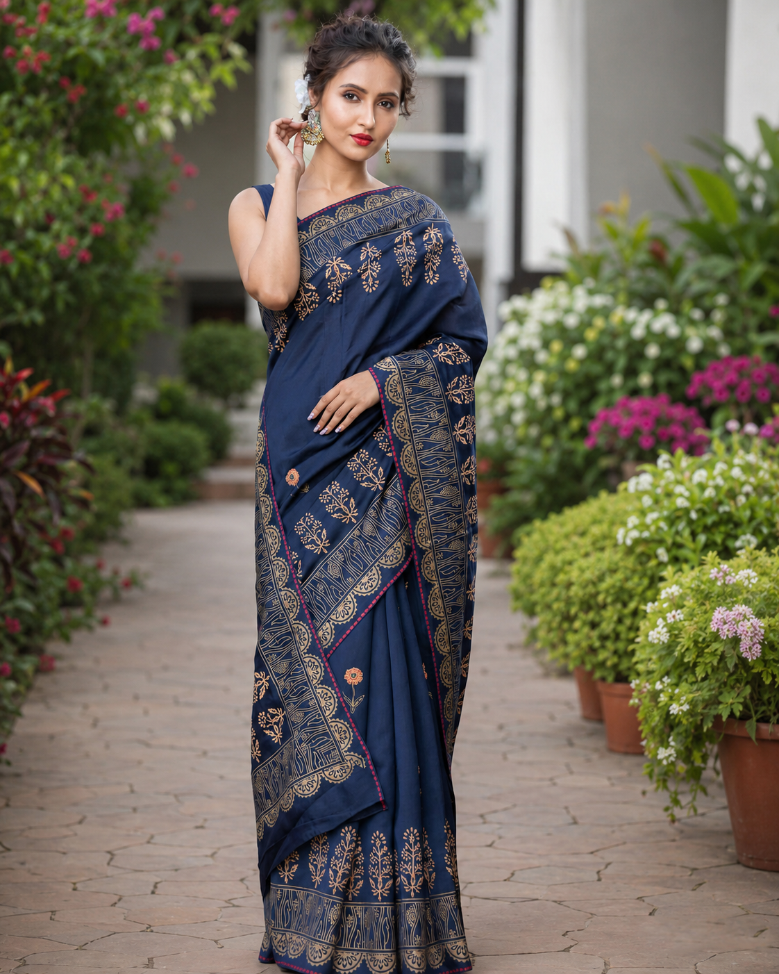 Sapphire Star Bust-Silk Modal Block Print Saree