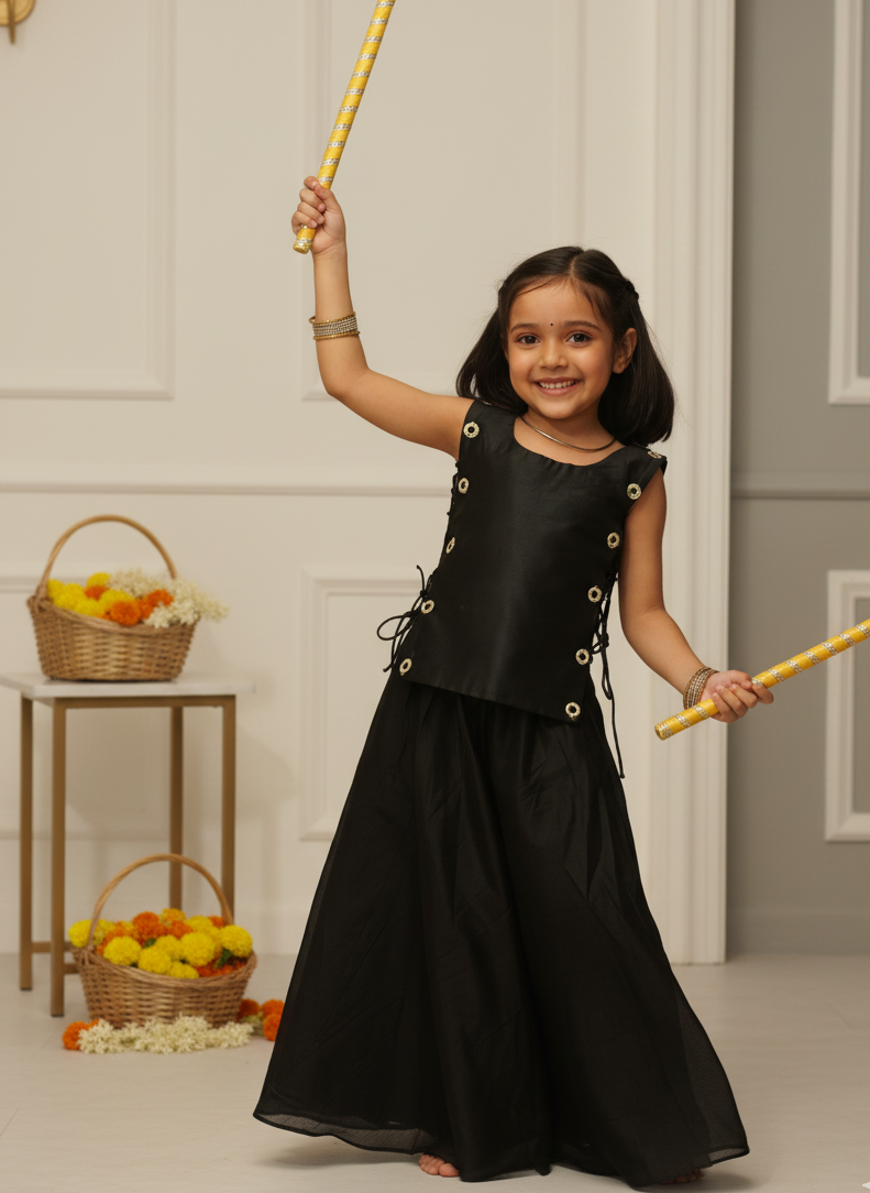 Handcrafted block printed Chanderi top & skirt set for girls — soft, festive & elegant. Lightweight comfort & artisanal charm by Prasam Crafts.