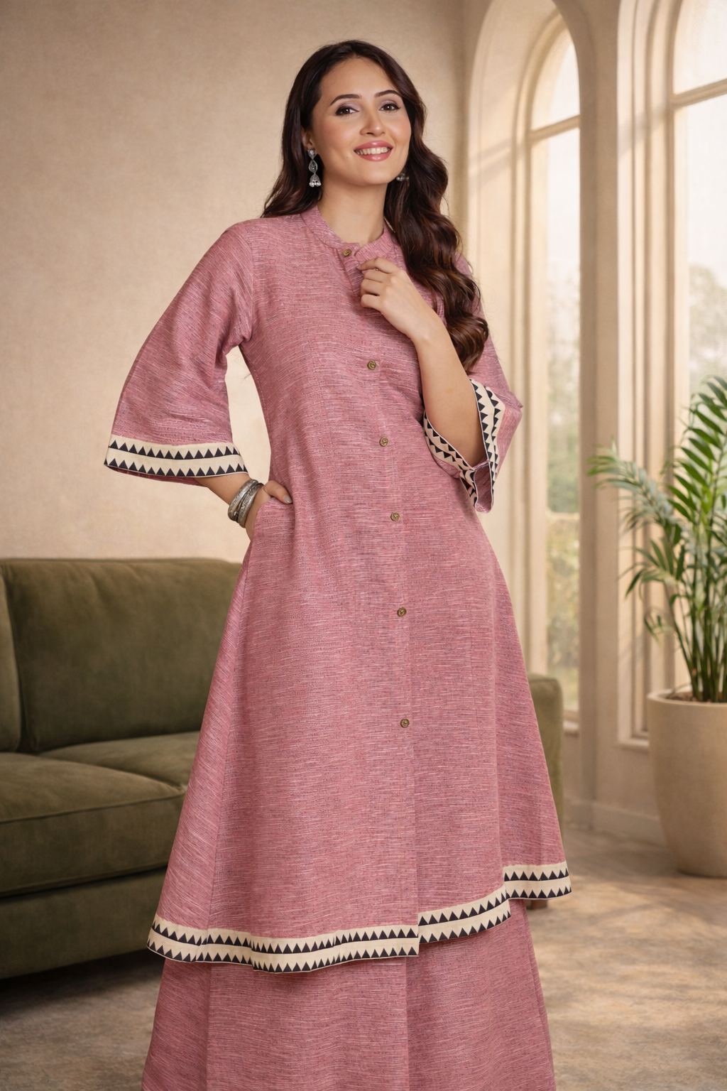 Rouge Pink Flared Kurta Set with Ajrak Trims