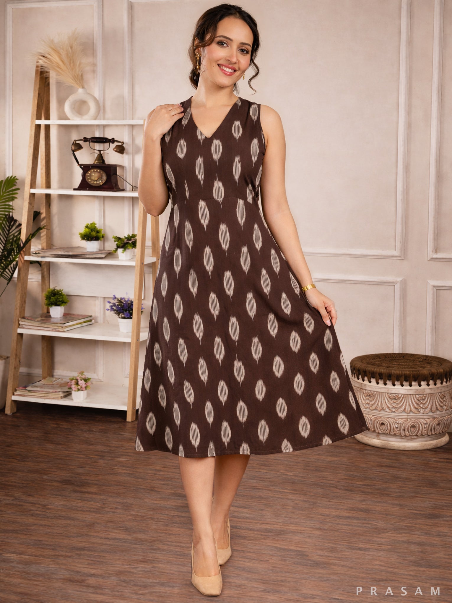Coco Bean Earth Tone Ikat Flared Dress
